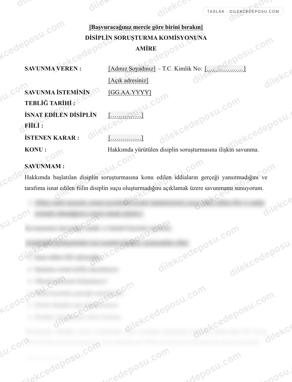 Disiplin Savunma Dilekçesi Örneği – taslağın ilk bölümünün önizlemesi