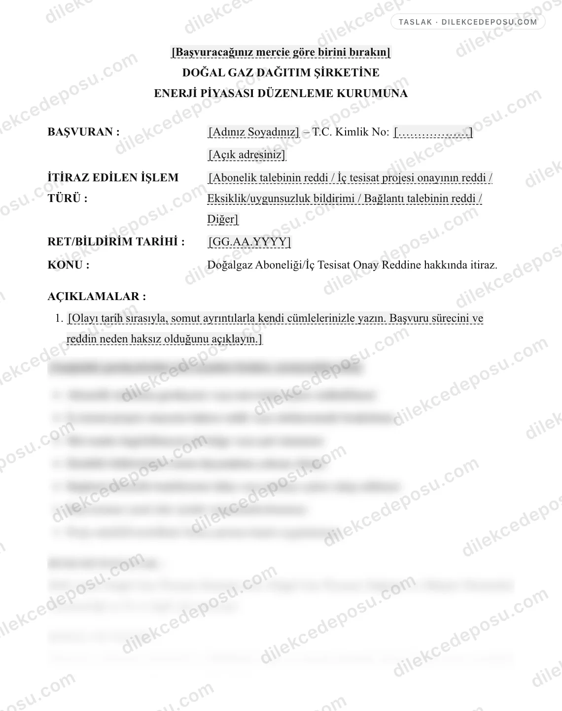 Doğalgaz Aboneliği/İç Tesisat Onay Reddine İtiraz Dilekçesi Örneği – taslağın ilk bölümünün önizlemesi