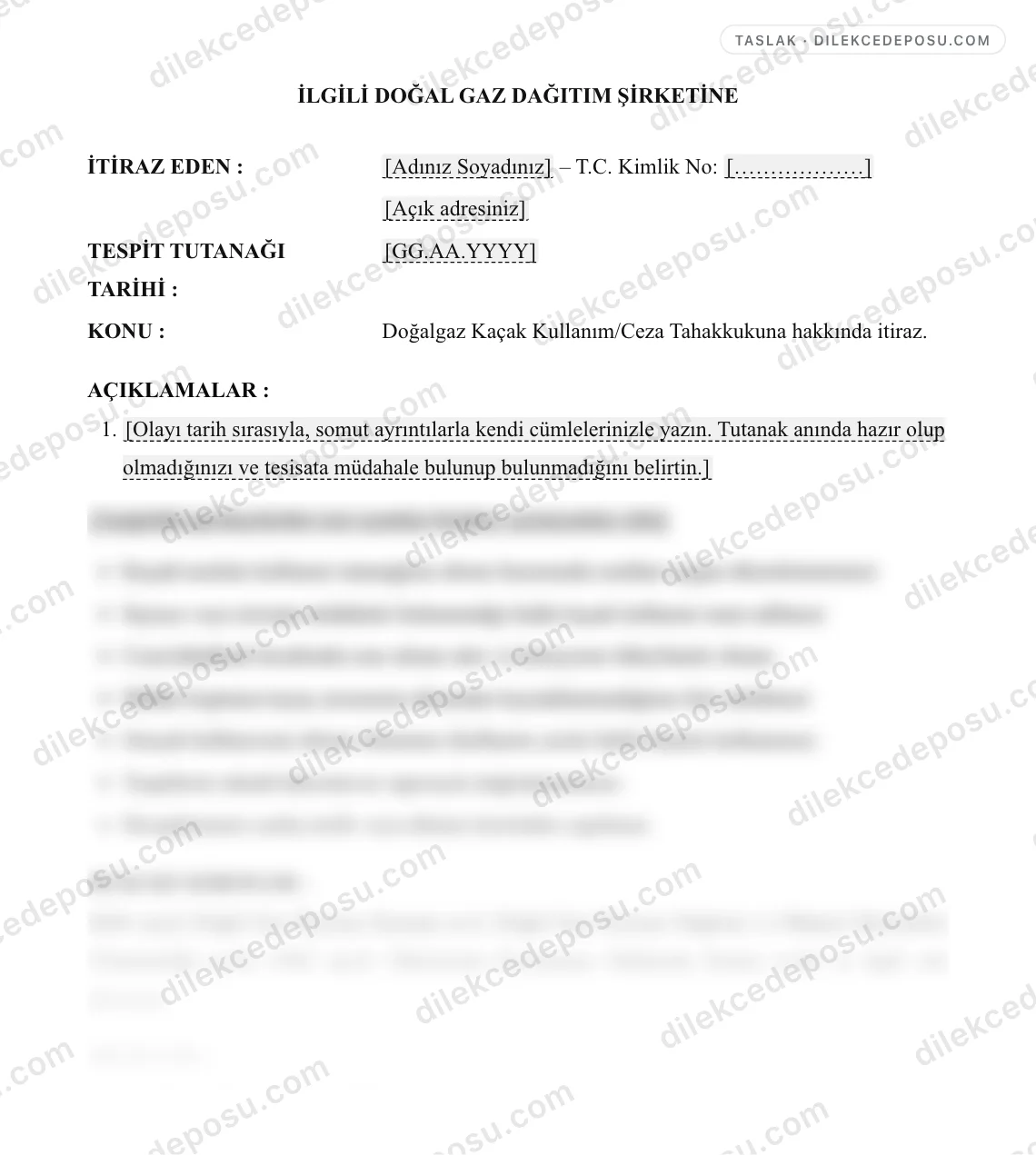 Doğalgaz Kaçak Kullanım/Ceza Tahakkukuna İtiraz Dilekçesi Örneği – taslağın ilk bölümünün önizlemesi
