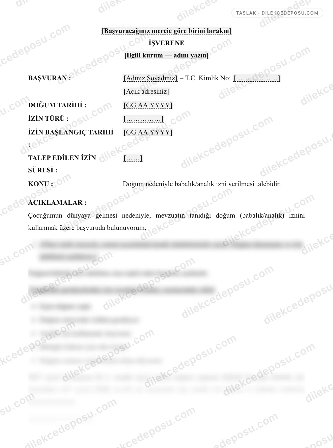Doğum/Babalık İzni Dilekçesi Örneği – taslağın ilk bölümünün önizlemesi