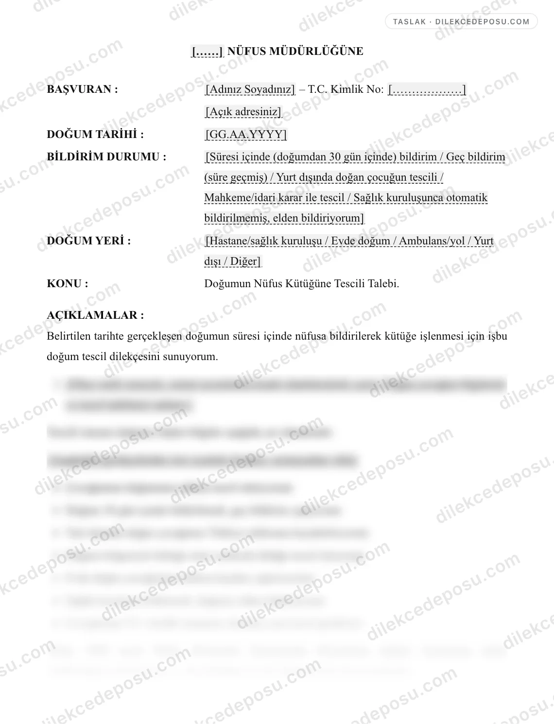 Doğum Tescili Dilekçesi Örneği – taslağın ilk bölümünün önizlemesi