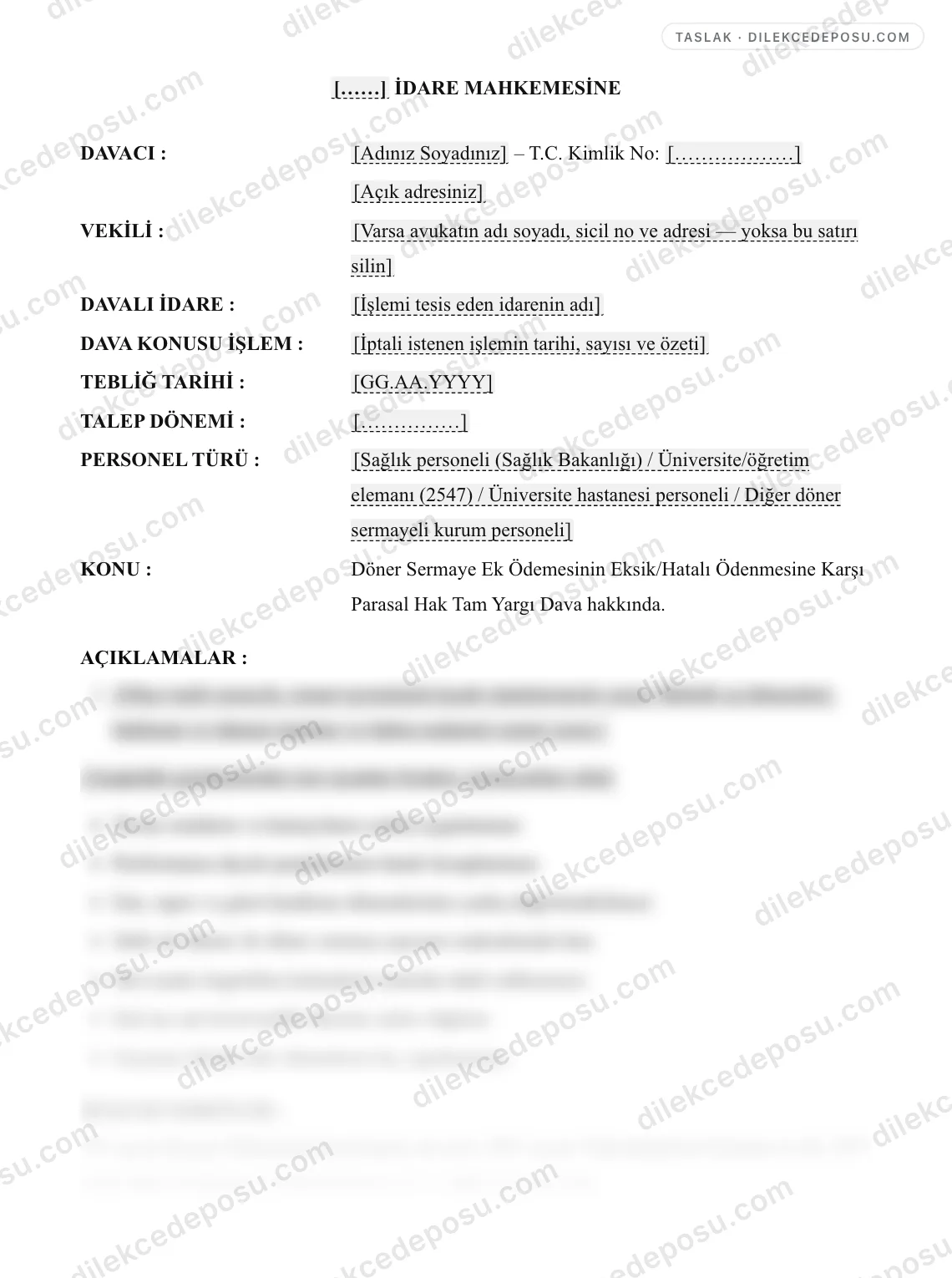 Döner Sermaye Ek Ödemesinin Eksik/Hatalı Ödenmesine Karşı Parasal Hak Tam Yargı Dava Dilekçesi Örneği – taslağın ilk bölümünün önizlemesi