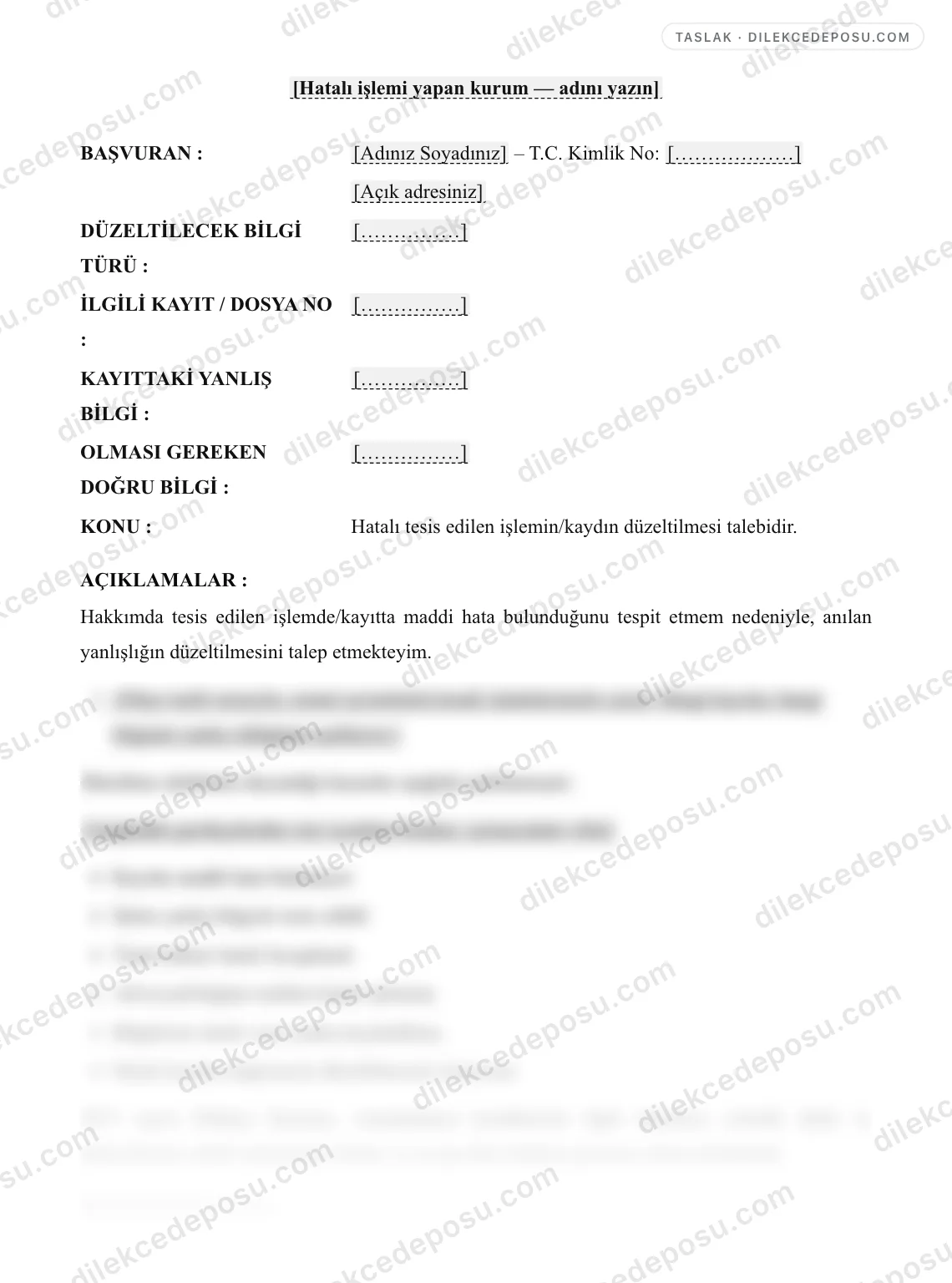 Düzeltme Talep Dilekçesi Örneği – taslağın ilk bölümünün önizlemesi
