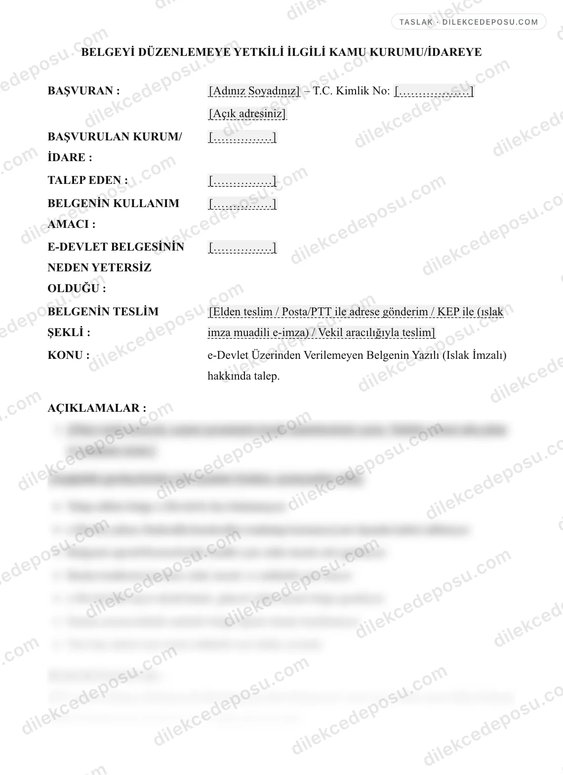 e-Devlet Üzerinden Verilemeyen Belgenin Yazılı (Islak İmzalı) Talep Dilekçesi Örneği – taslağın ilk bölümünün önizlemesi