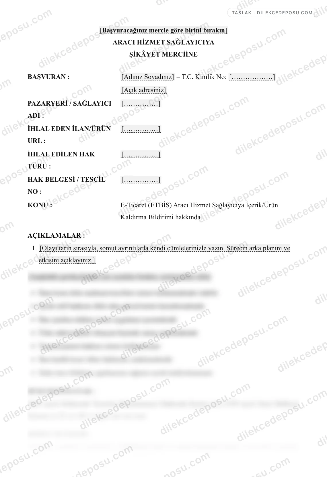 E-Ticaret (ETBİS) Aracı Hizmet Sağlayıcıya İçerik/Ürün Kaldırma Bildirimi Örneği – taslağın ilk bölümünün önizlemesi
