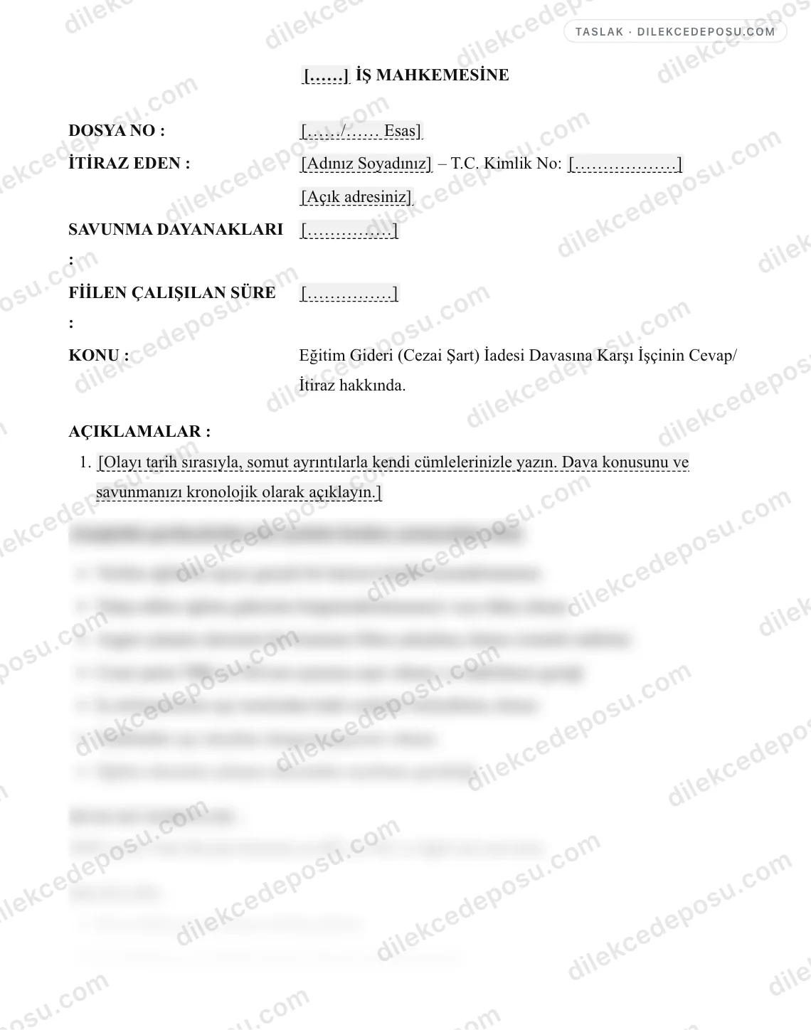 Eğitim Gideri (Cezai Şart) İadesi Davasına Karşı İşçinin Cevap/İtiraz Dilekçesi Örneği – taslağın ilk bölümünün önizlemesi