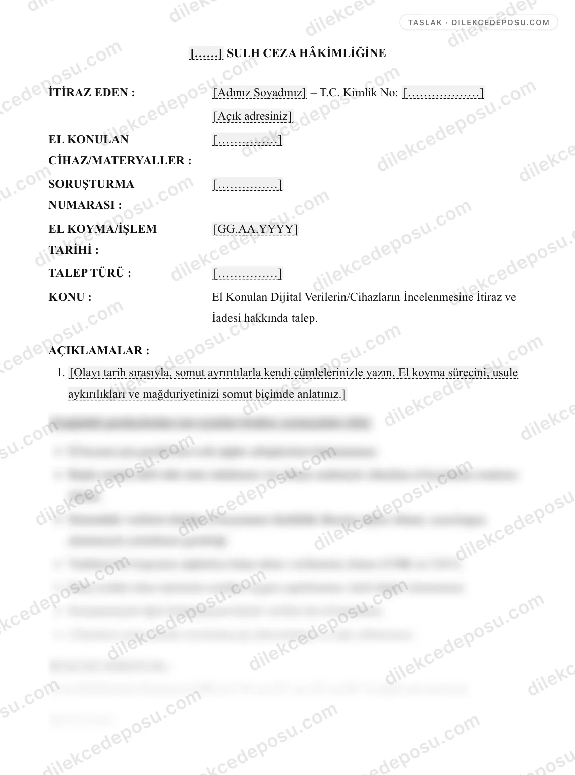 El Konulan Dijital Verilerin/Cihazların İncelenmesine İtiraz ve İadesi Talebi Dilekçesi Örneği – taslağın ilk bölümünün önizlemesi