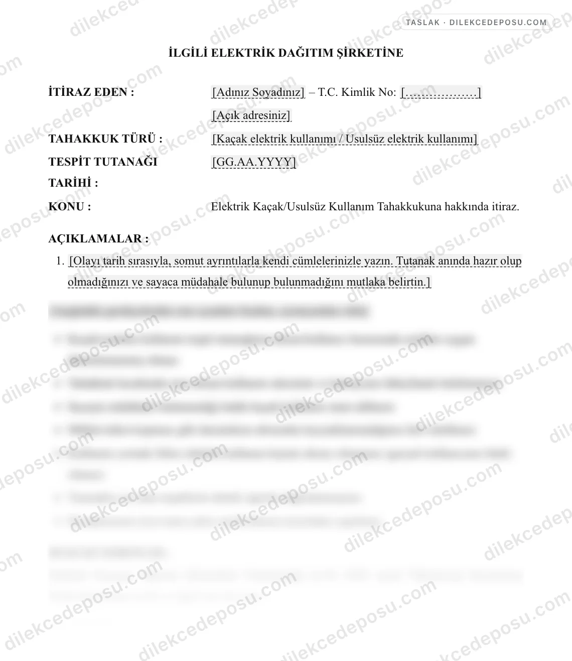 Elektrik Kaçak/Usulsüz Kullanım Tahakkukuna İtiraz Dilekçesi Örneği – taslağın ilk bölümünün önizlemesi