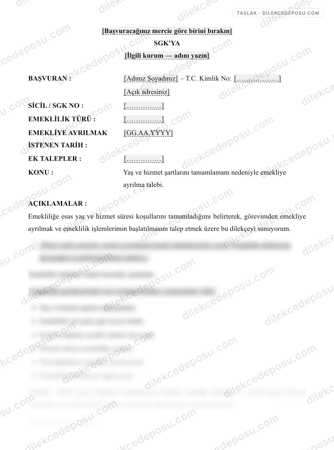 Emeklilik Dilekçesi Örneği – taslağın ilk bölümünün önizlemesi