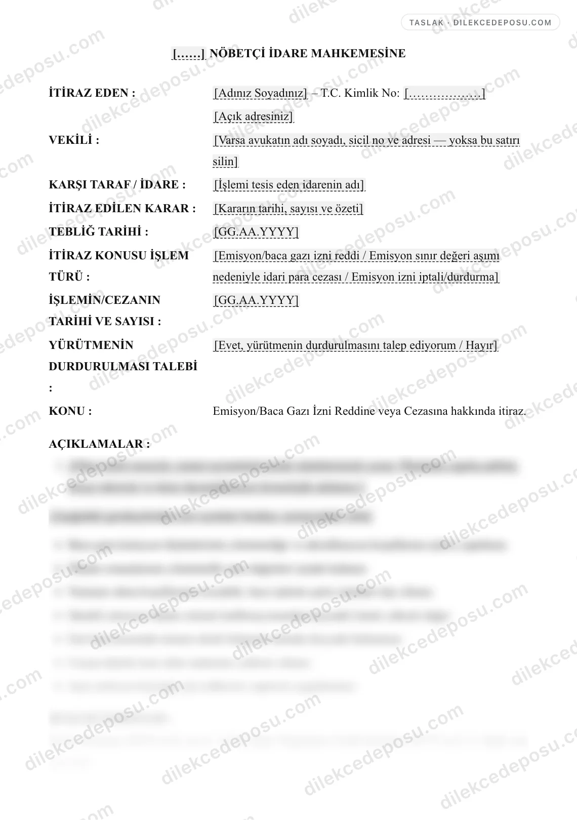 Emisyon/Baca Gazı İzni Reddine veya Cezasına İtiraz Dilekçesi Örneği – taslağın ilk bölümünün önizlemesi