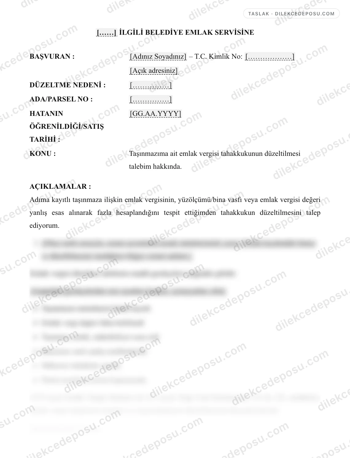 Emlak Vergisi Düzeltme Dilekçesi Örneği – taslağın ilk bölümünün önizlemesi