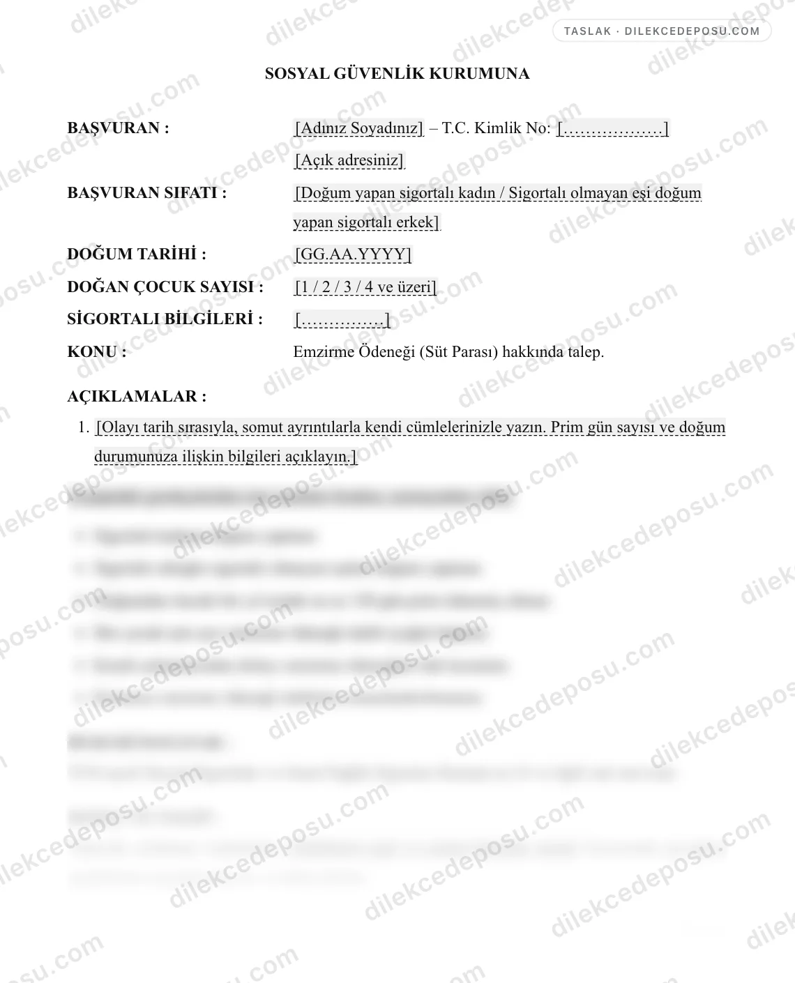 Emzirme Ödeneği (Süt Parası) Talep Dilekçesi Örneği – taslağın ilk bölümünün önizlemesi