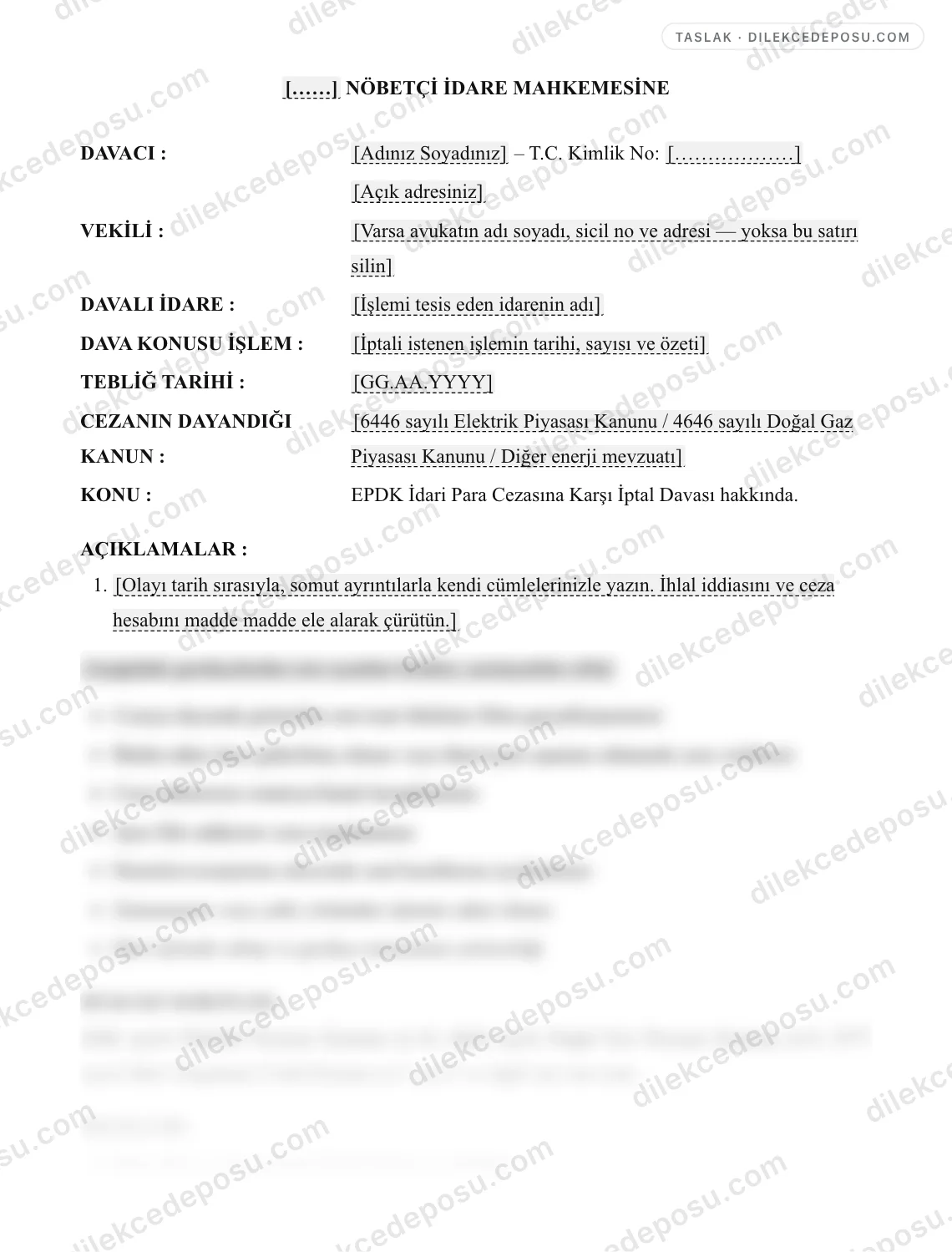 EPDK İdari Para Cezasına Karşı İptal Davası Dilekçesi Örneği – taslağın ilk bölümünün önizlemesi