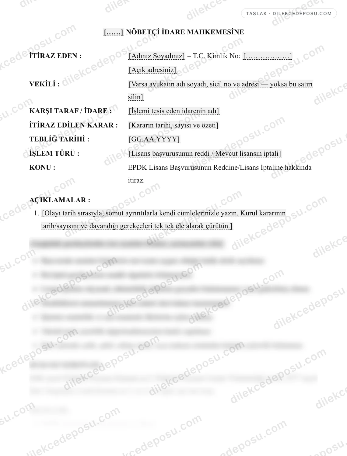 EPDK Lisans Başvurusunun Reddine/Lisans İptaline İtiraz Dilekçesi Örneği – taslağın ilk bölümünün önizlemesi