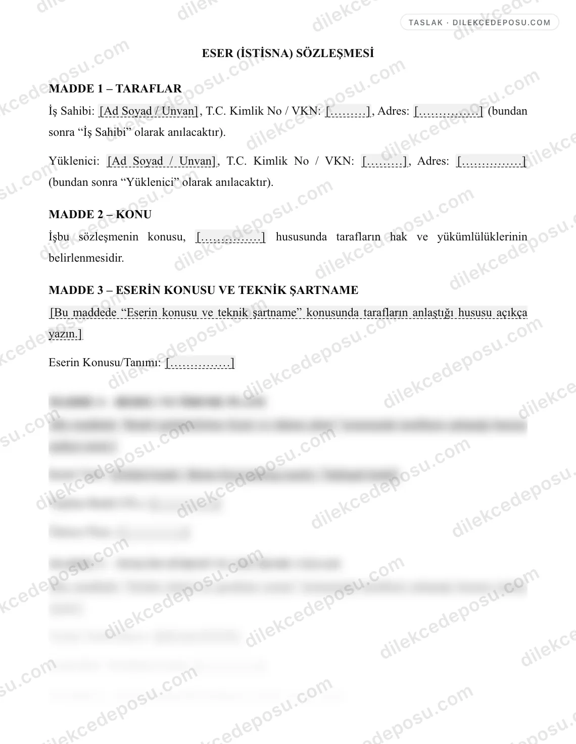 Eser (İstisna) Sözleşmesi Örneği – taslağın ilk bölümünün önizlemesi