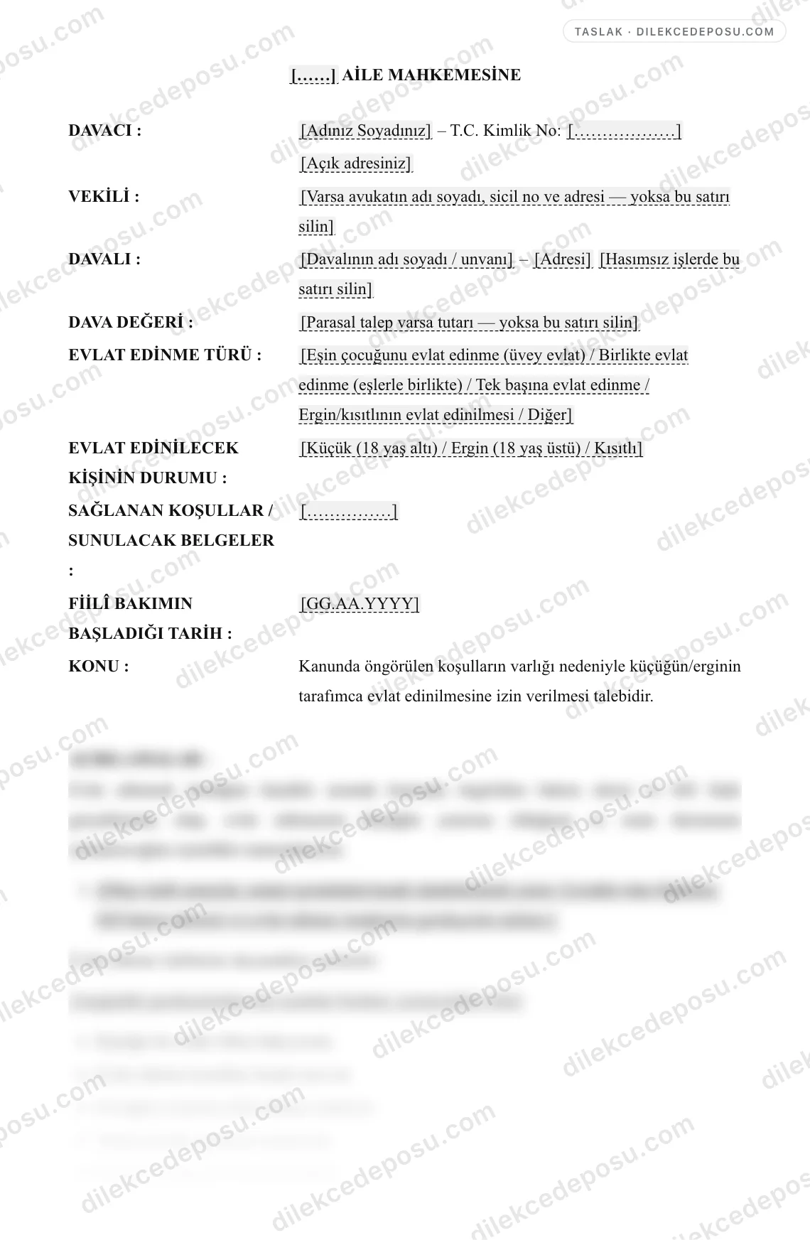 Evlat Edinme Dilekçesi Örneği – taslağın ilk bölümünün önizlemesi