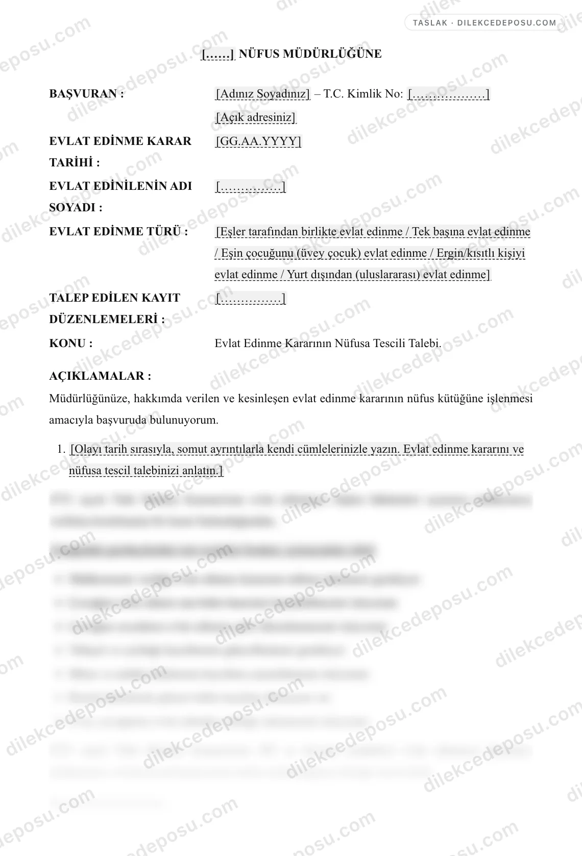 Evlat Edinme Kararının Nüfusa Tescili Dilekçesi Örneği – taslağın ilk bölümünün önizlemesi