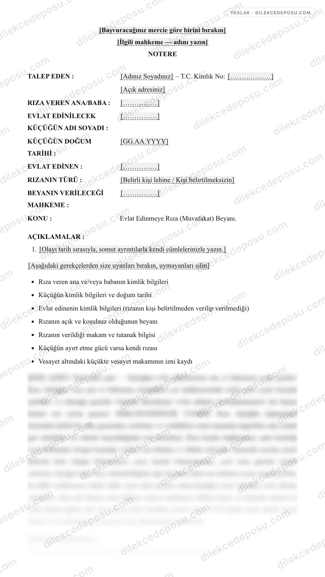 Evlat Edinmeye Rıza (Muvafakat) Beyanı Örneği – taslağın ilk bölümünün önizlemesi