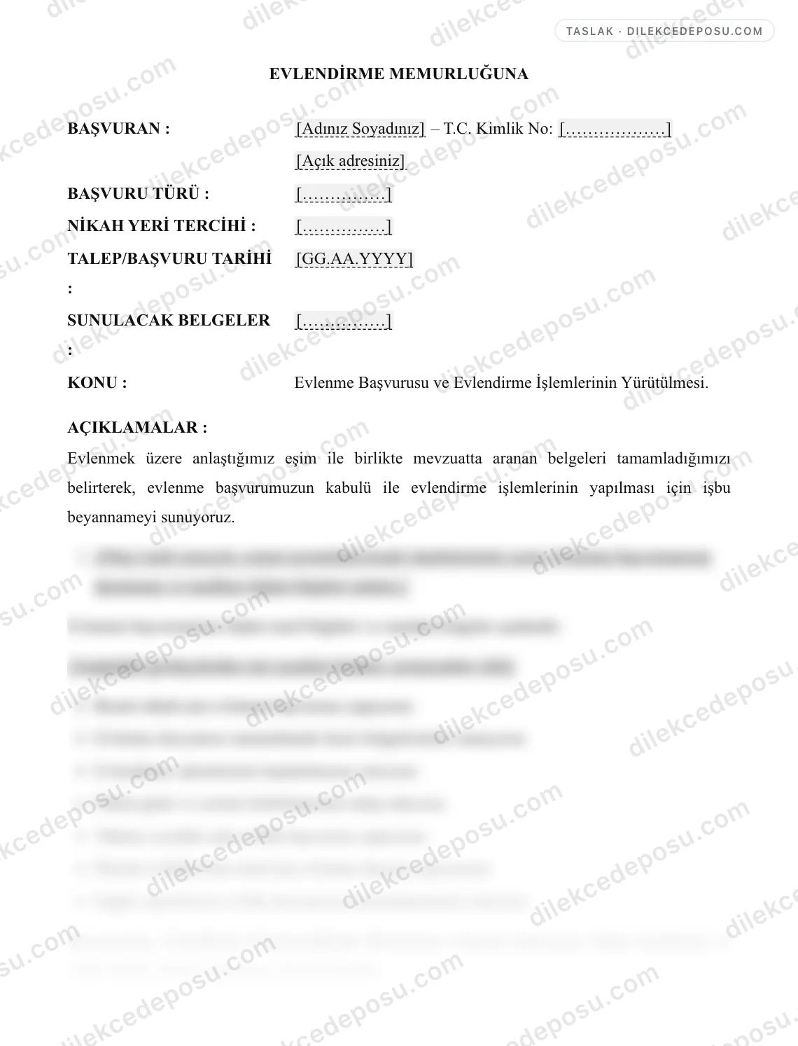 Evlenme Başvuru (Beyanname) Örneği – taslağın ilk bölümünün önizlemesi