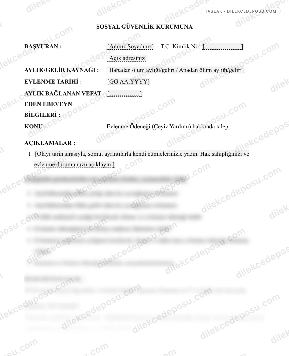 Evlenme Ödeneği (Çeyiz Yardımı) Talep Dilekçesi Örneği – taslağın ilk bölümünün önizlemesi