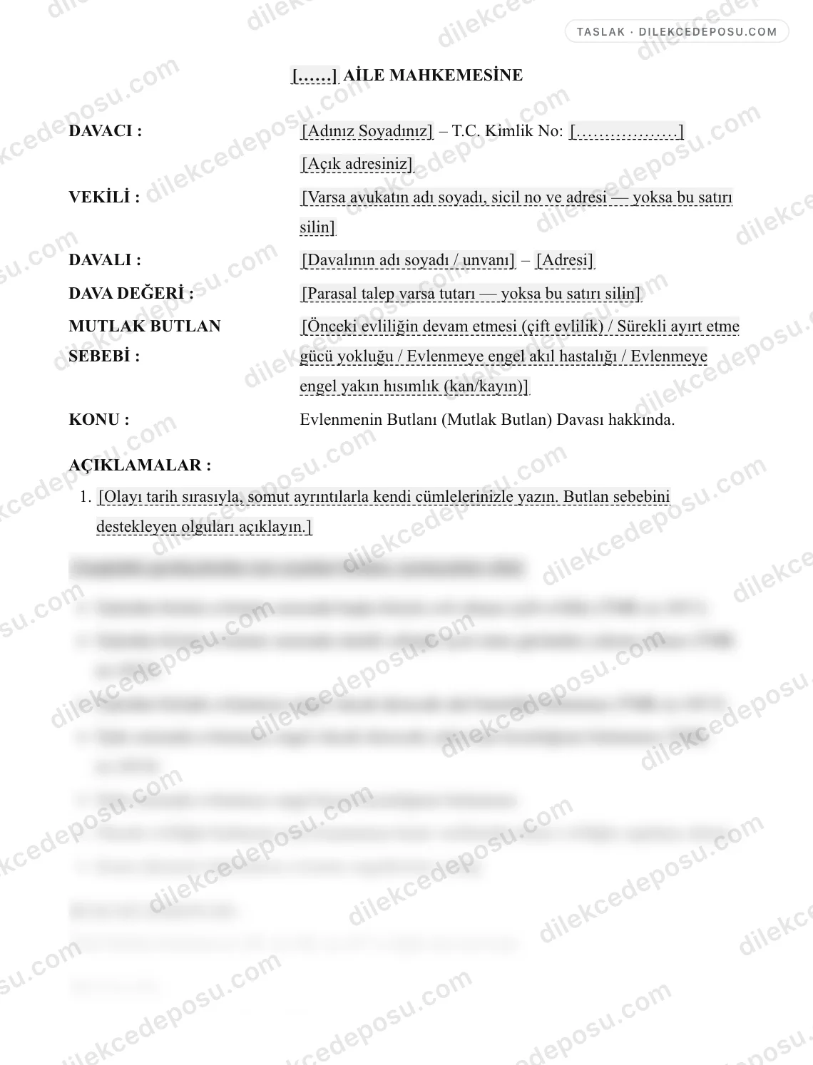 Evlenmenin Butlanı (Mutlak Butlan) Davası Örneği – taslağın ilk bölümünün önizlemesi