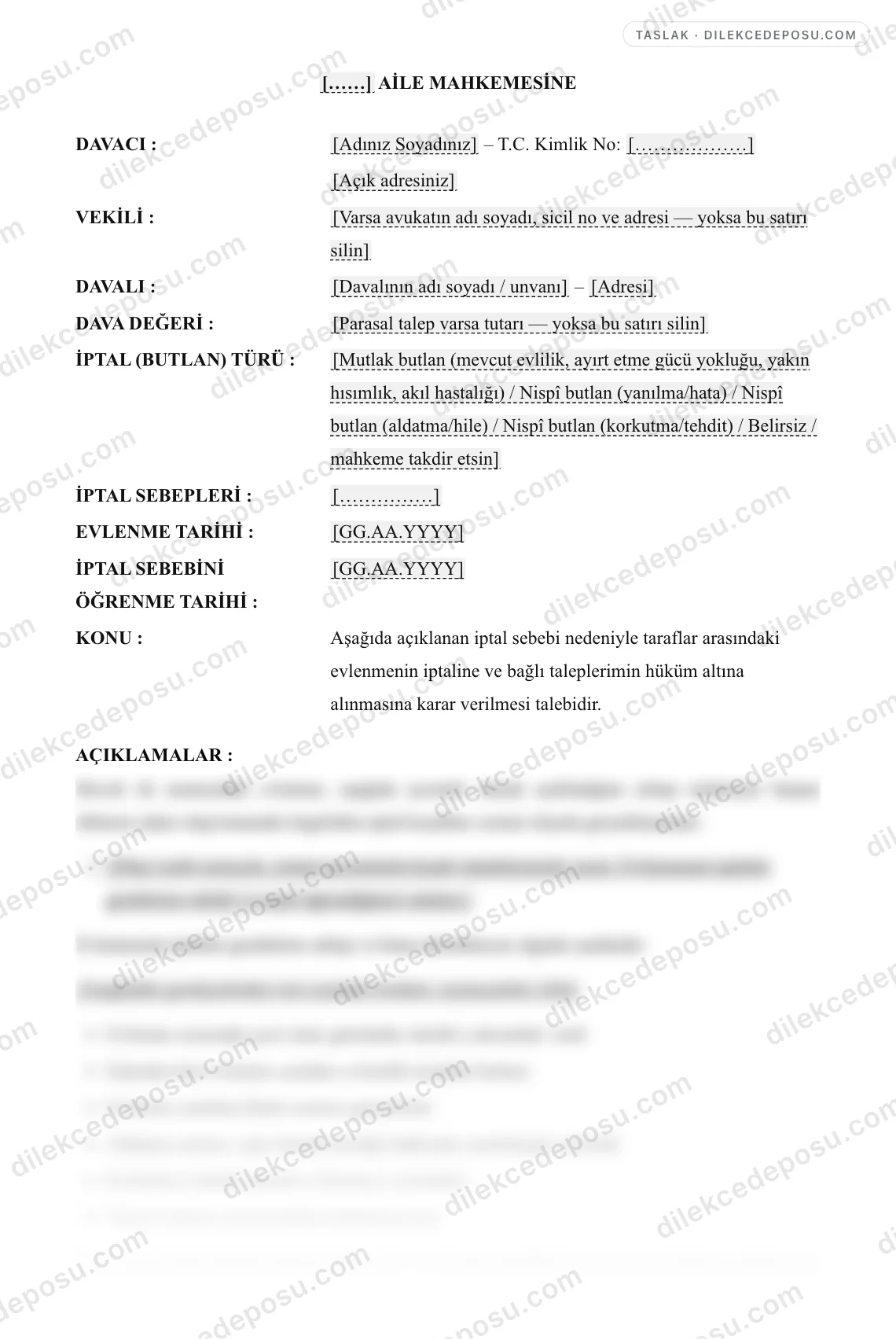 Evlenmenin İptali Davası Örneği – taslağın ilk bölümünün önizlemesi