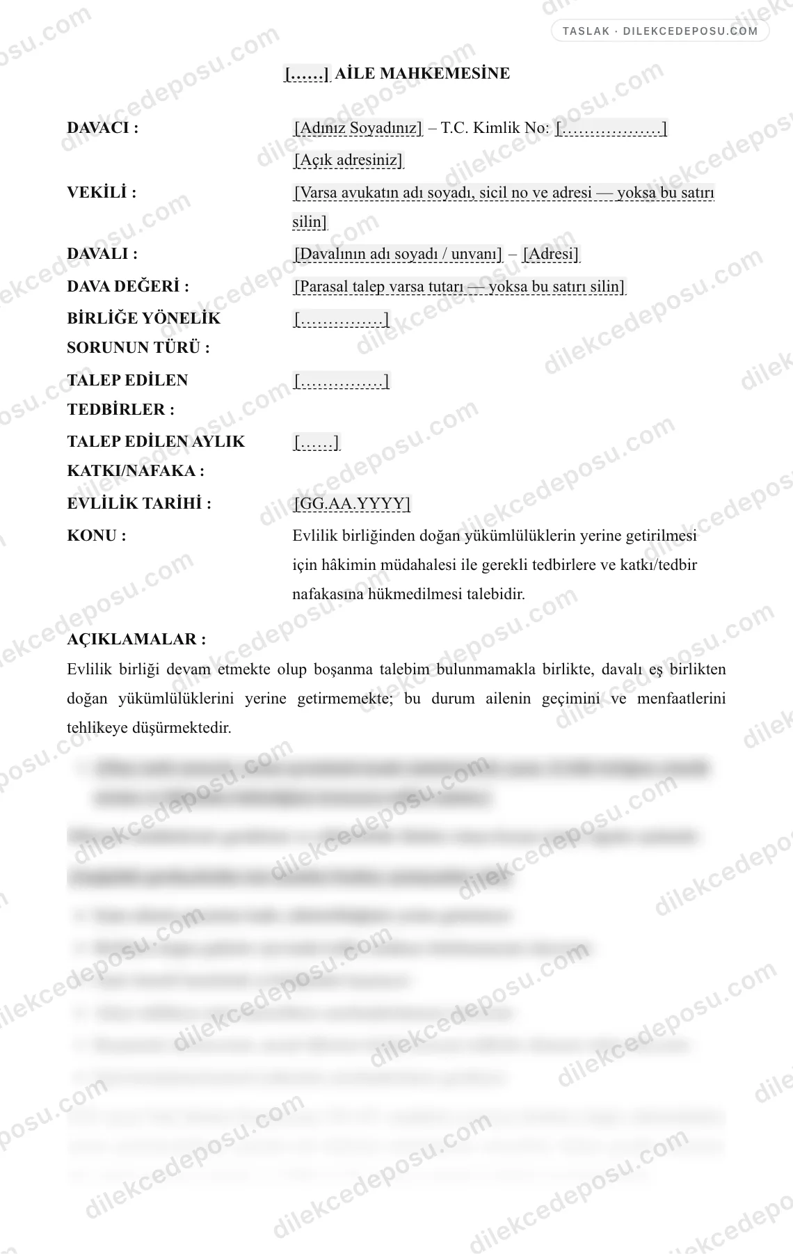 Evlilik Birliğinin Korunması (Hâkimin Müdahalesi) Davası Örneği – taslağın ilk bölümünün önizlemesi