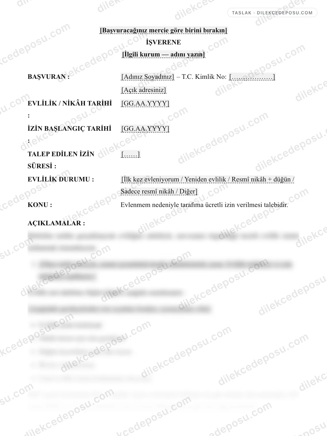 Evlilik İzni Dilekçesi Örneği – taslağın ilk bölümünün önizlemesi