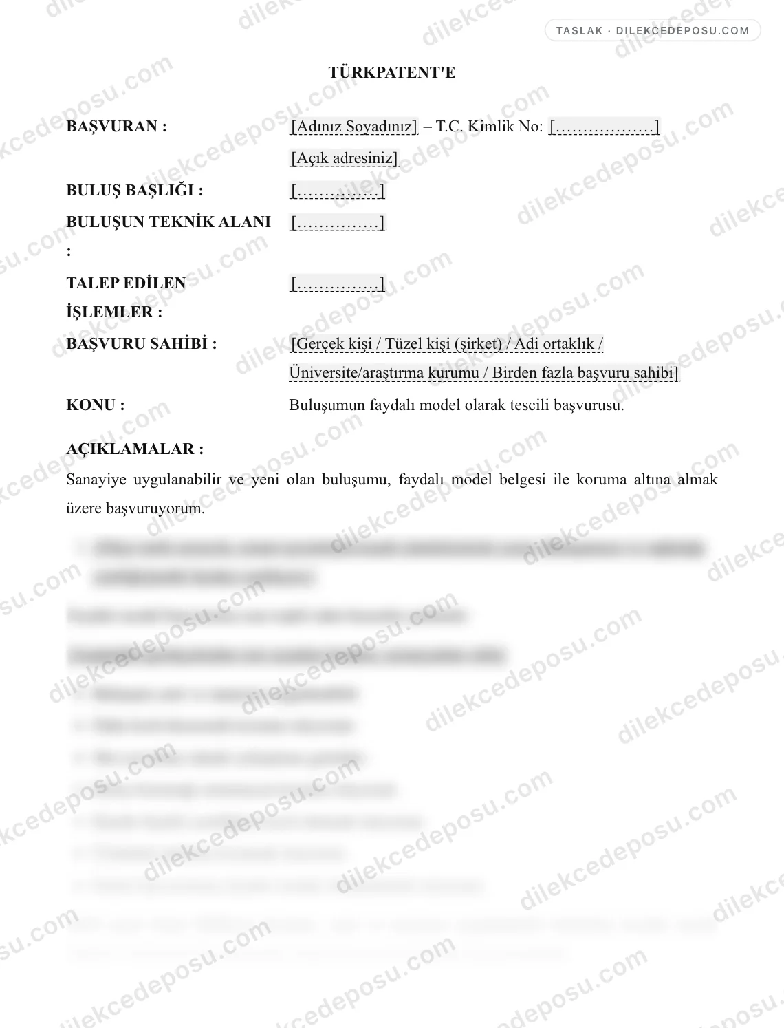 Faydalı Model Başvurusu Örneği – taslağın ilk bölümünün önizlemesi