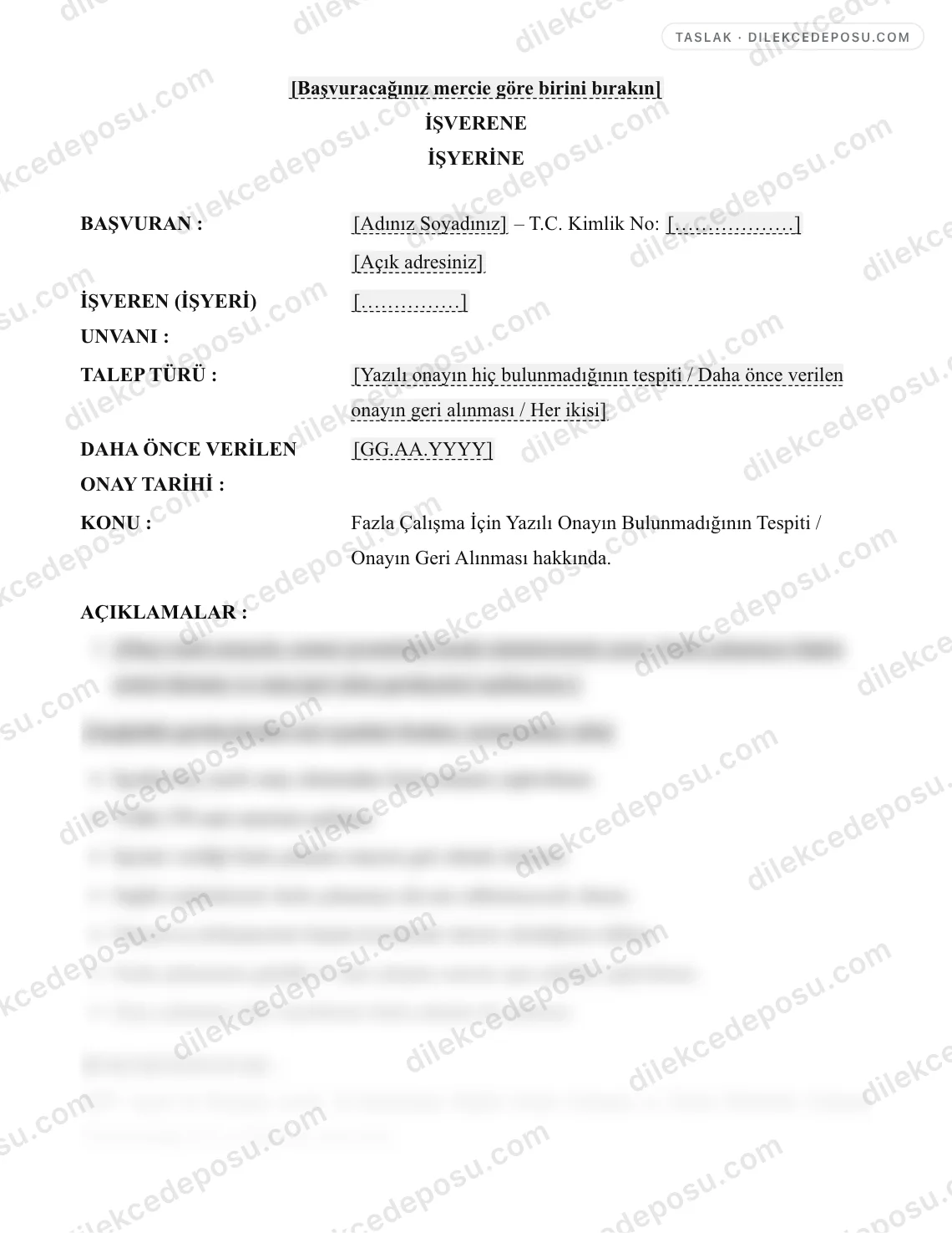 Fazla Çalışma İçin Yazılı Onayın Bulunmadığının Tespiti / Onayın Geri Alınması Dilekçesi Örneği – taslağın ilk bölümünün önizlemesi