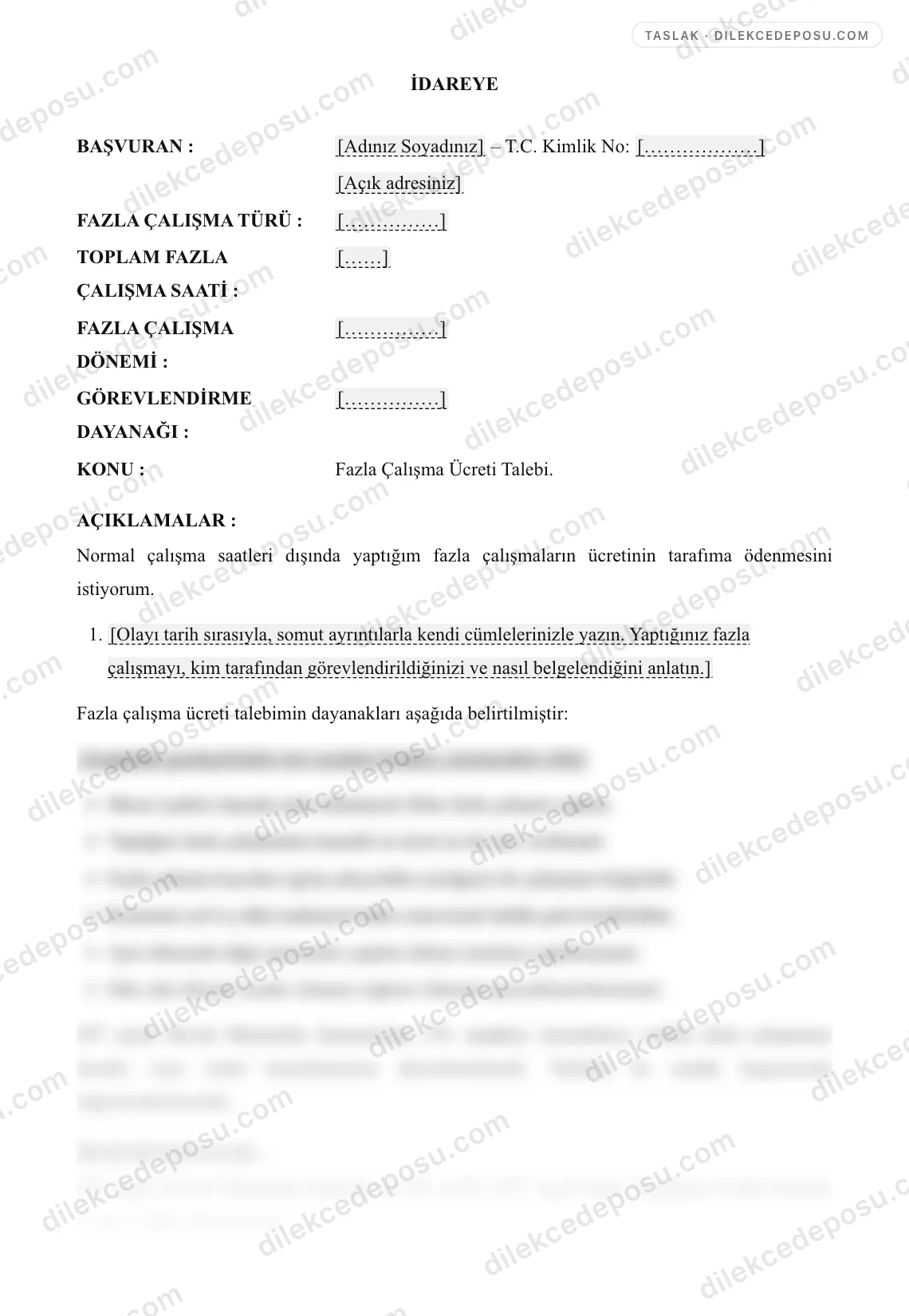 Fazla Çalışma Ücreti Talebi (Memur) Örneği – taslağın ilk bölümünün önizlemesi