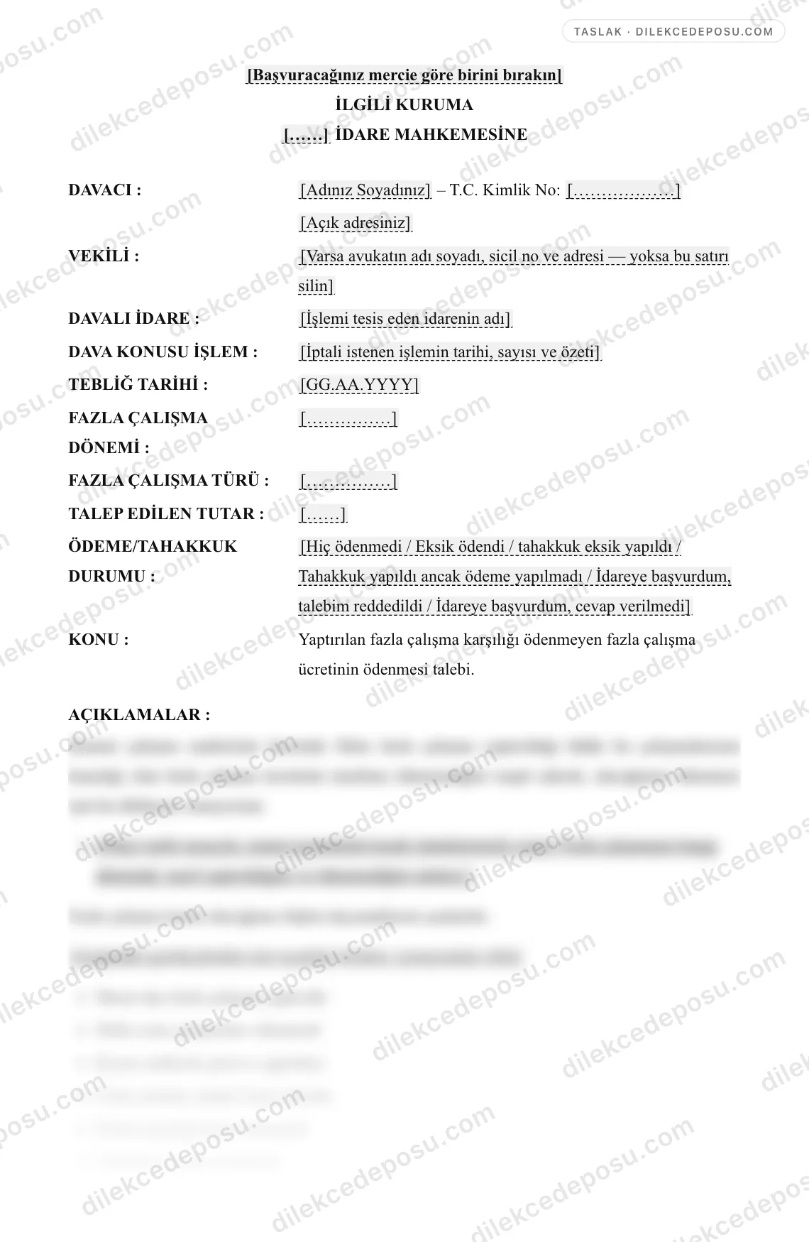 Fazla Çalışma Ücreti Talebi (Memur) Örneği – taslağın ilk bölümünün önizlemesi