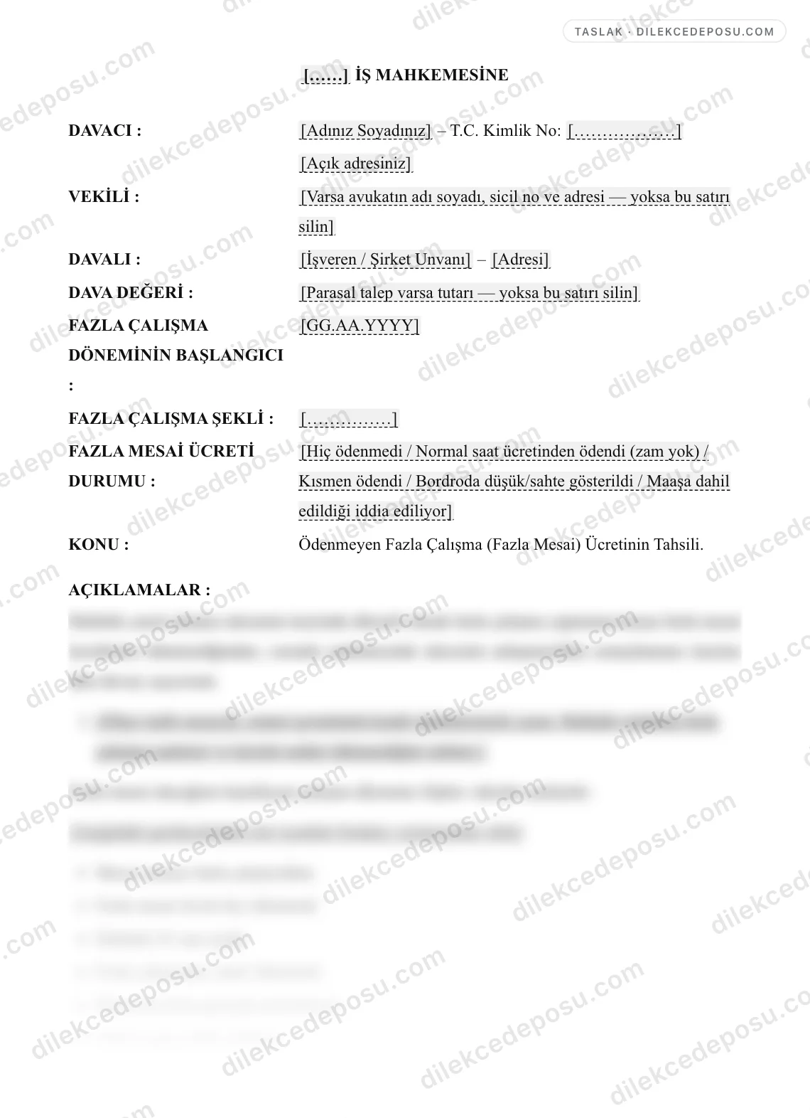 Fazla Mesai Alacağı Dilekçesi Örneği – taslağın ilk bölümünün önizlemesi