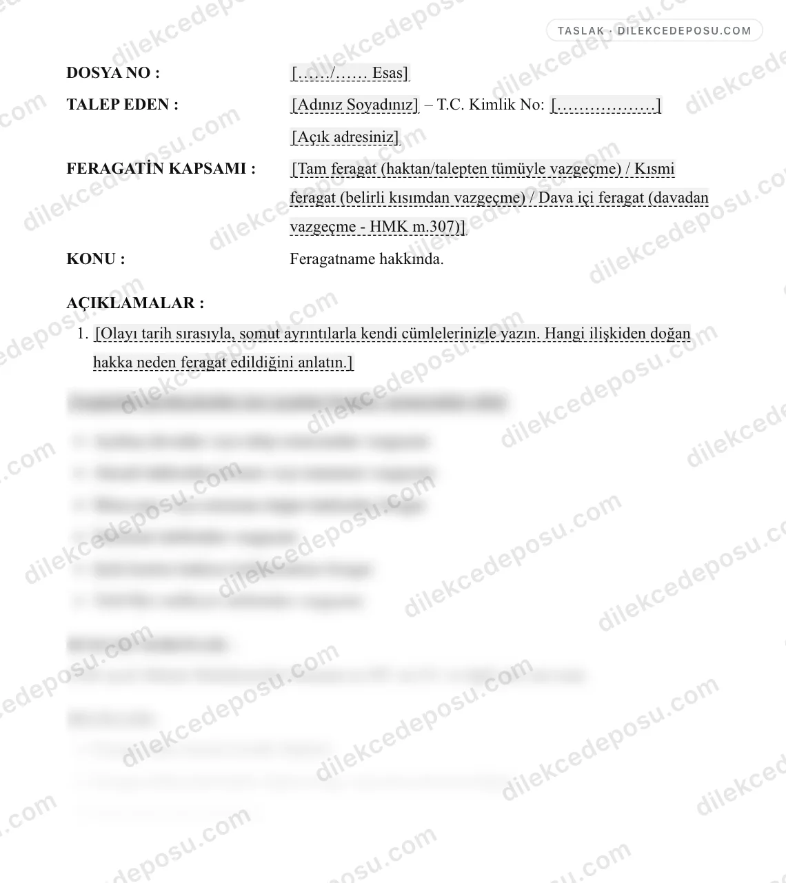 Feragatname (Hak/Talep Feragati) Örneği – taslağın ilk bölümünün önizlemesi