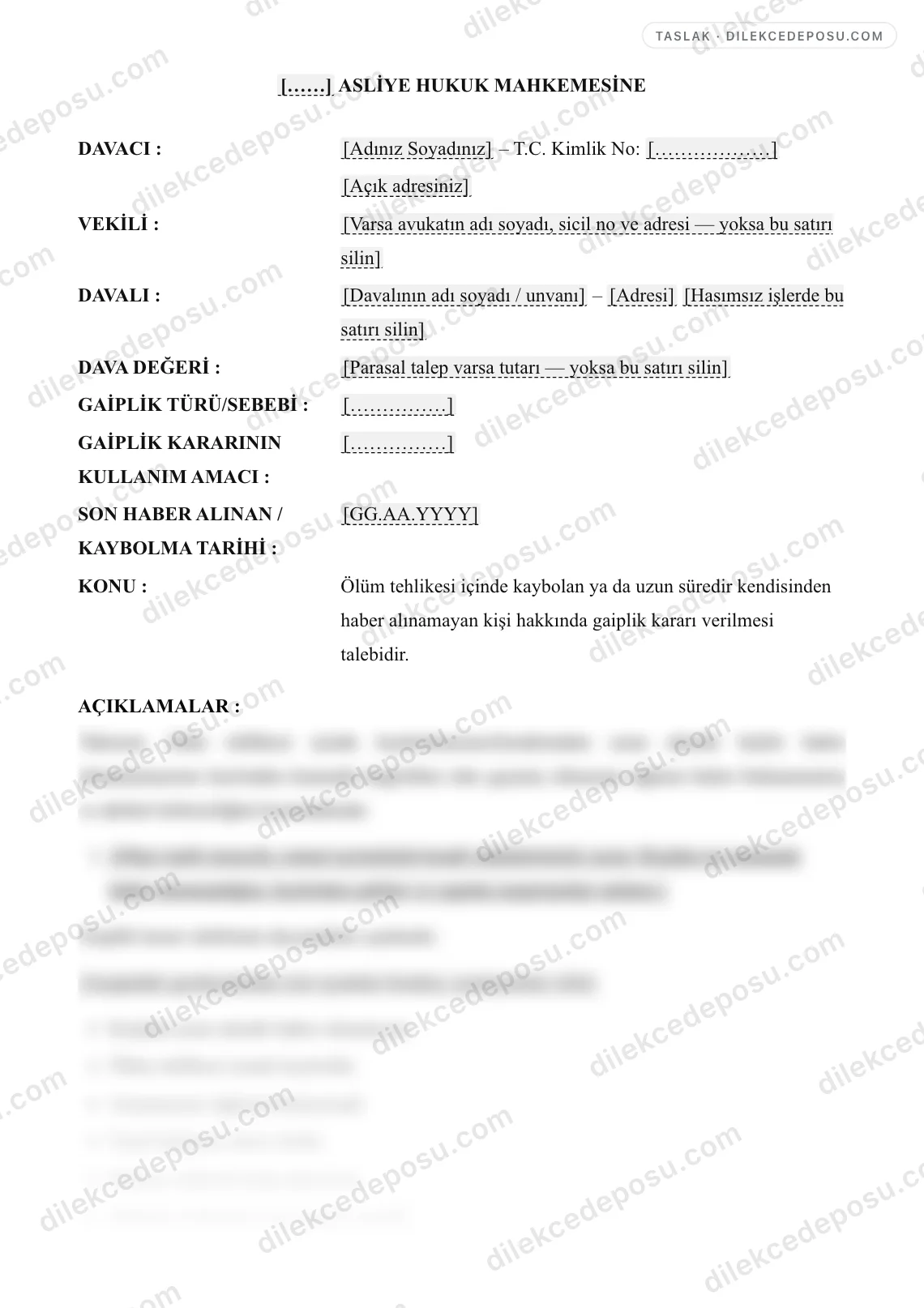 Gaiplik Kararı Talebi Dilekçesi Örneği – taslağın ilk bölümünün önizlemesi