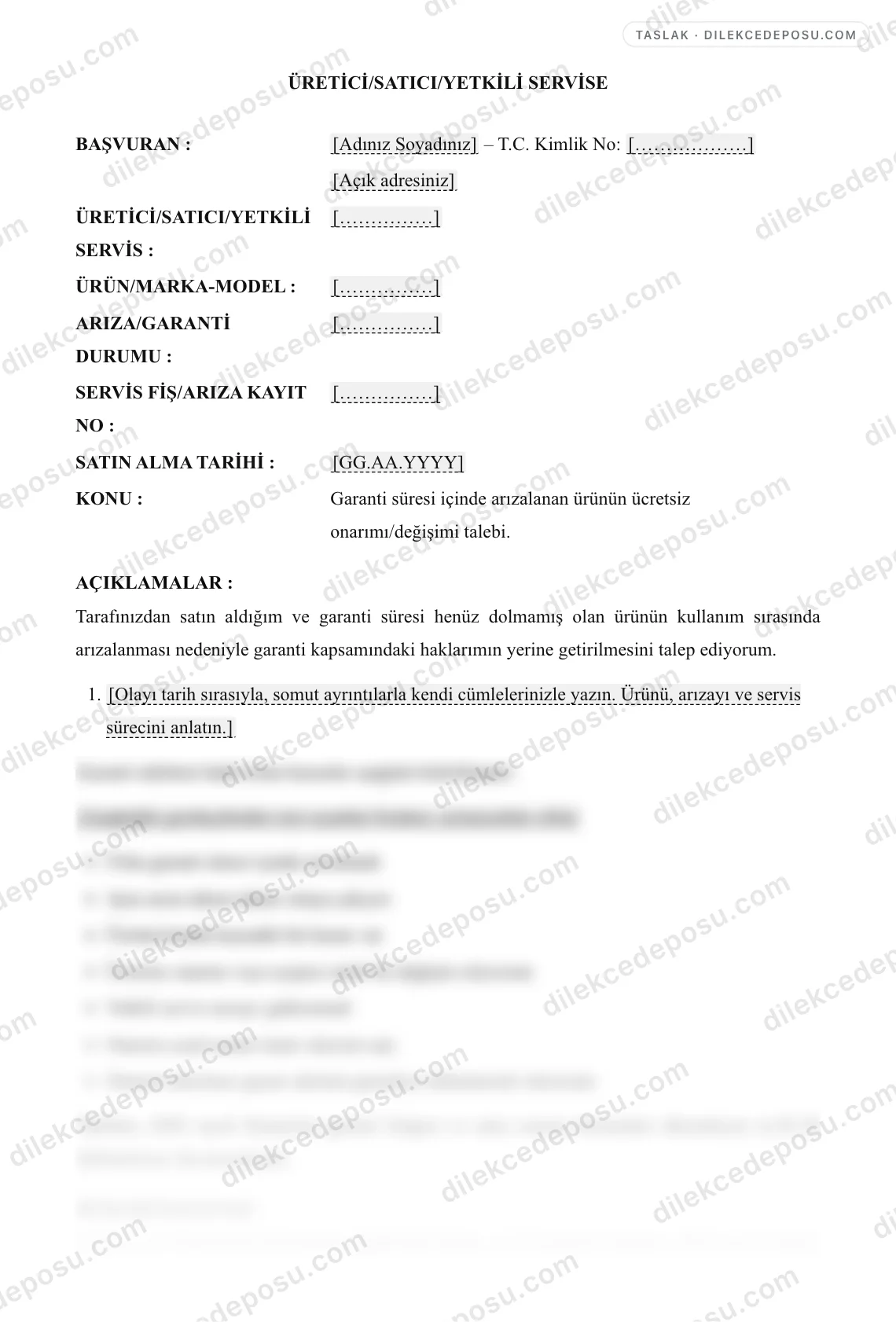 Garanti Talep Dilekçesi Örneği – taslağın ilk bölümünün önizlemesi