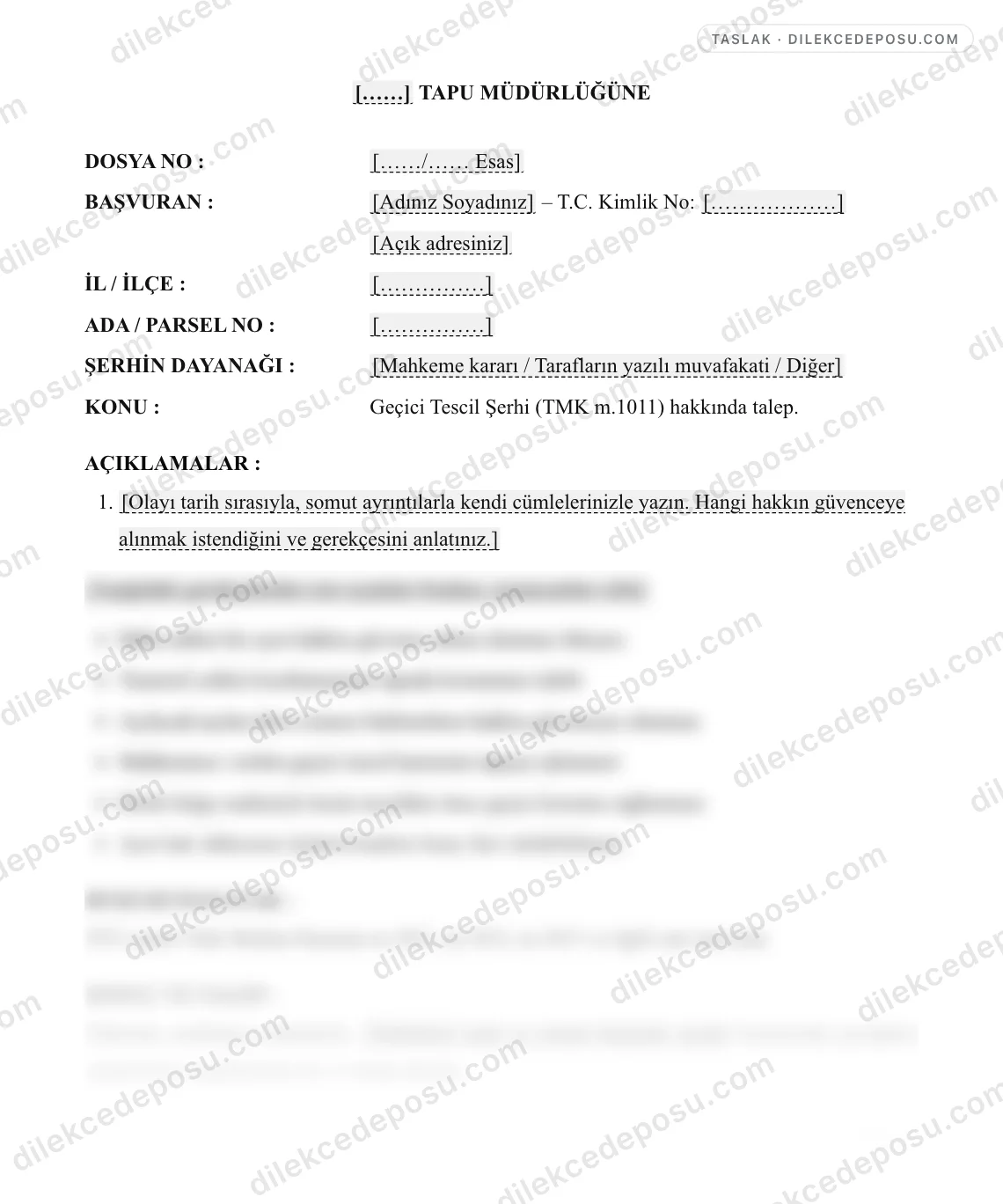 Geçici Tescil Şerhi (TMK m.1011) Talep Dilekçesi Örneği – taslağın ilk bölümünün önizlemesi