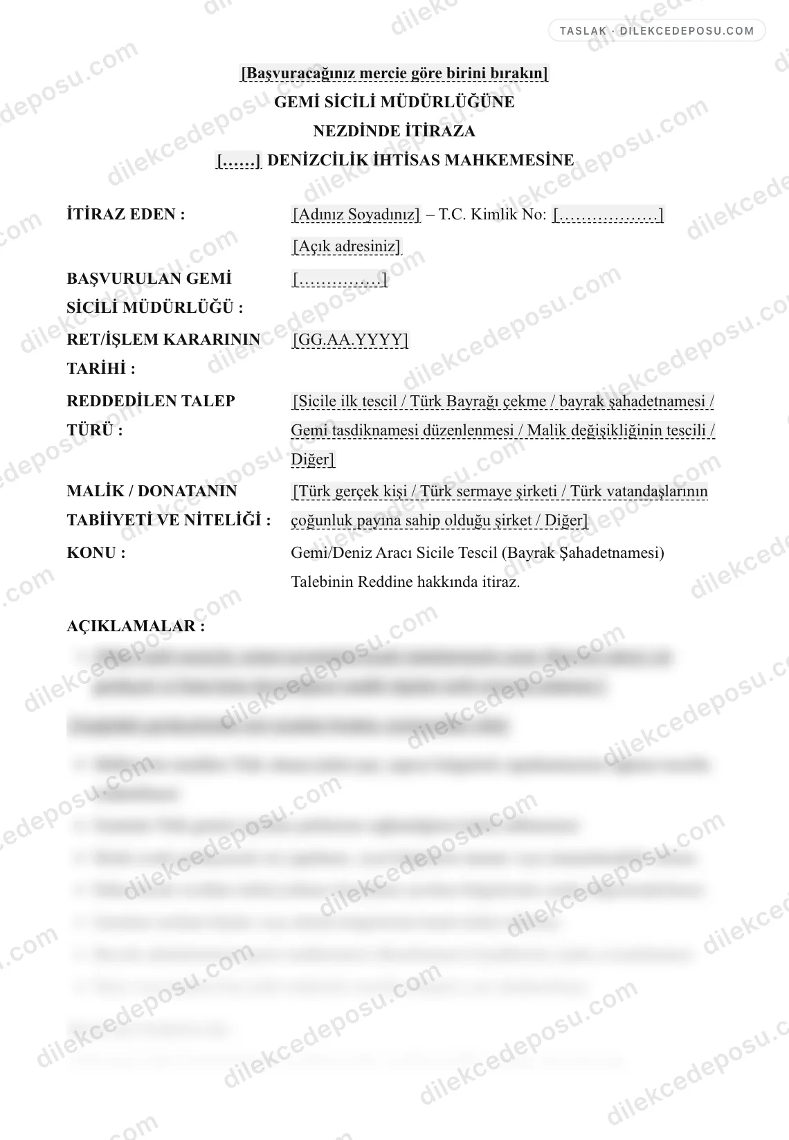 Gemi/Deniz Aracı Sicile Tescil (Bayrak Şahadetnamesi) Talebinin Reddine İtiraz Dilekçesi Örneği – taslağın ilk bölümünün önizlemesi