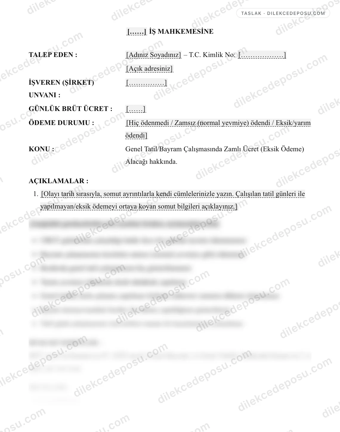 Genel Tatil/Bayram Çalışmasında Zamlı Ücret (Eksik Ödeme) Alacağı Dilekçesi Örneği – taslağın ilk bölümünün önizlemesi