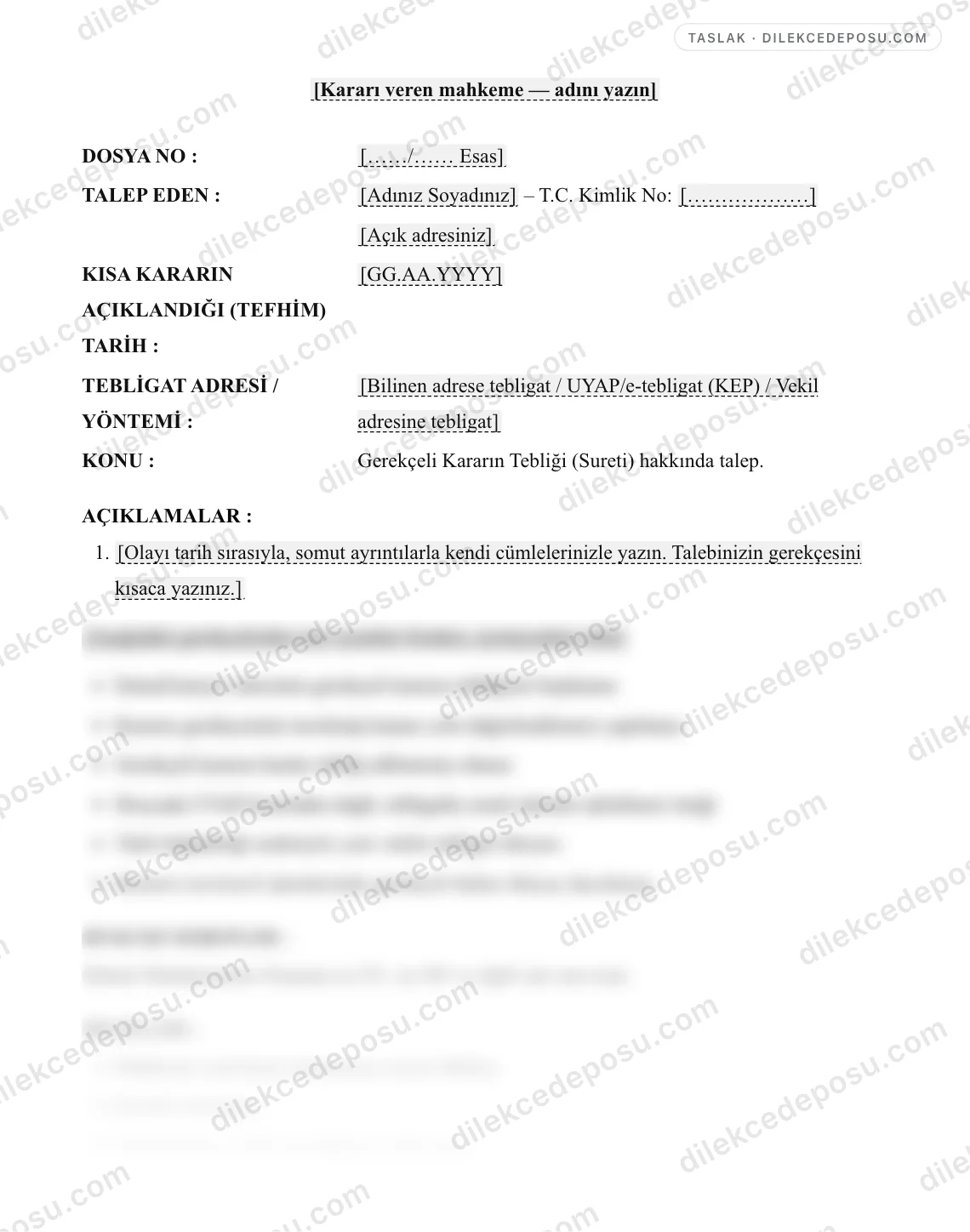 Gerekçeli Kararın Tebliği (Sureti) Talebi Dilekçesi Örneği – taslağın ilk bölümünün önizlemesi