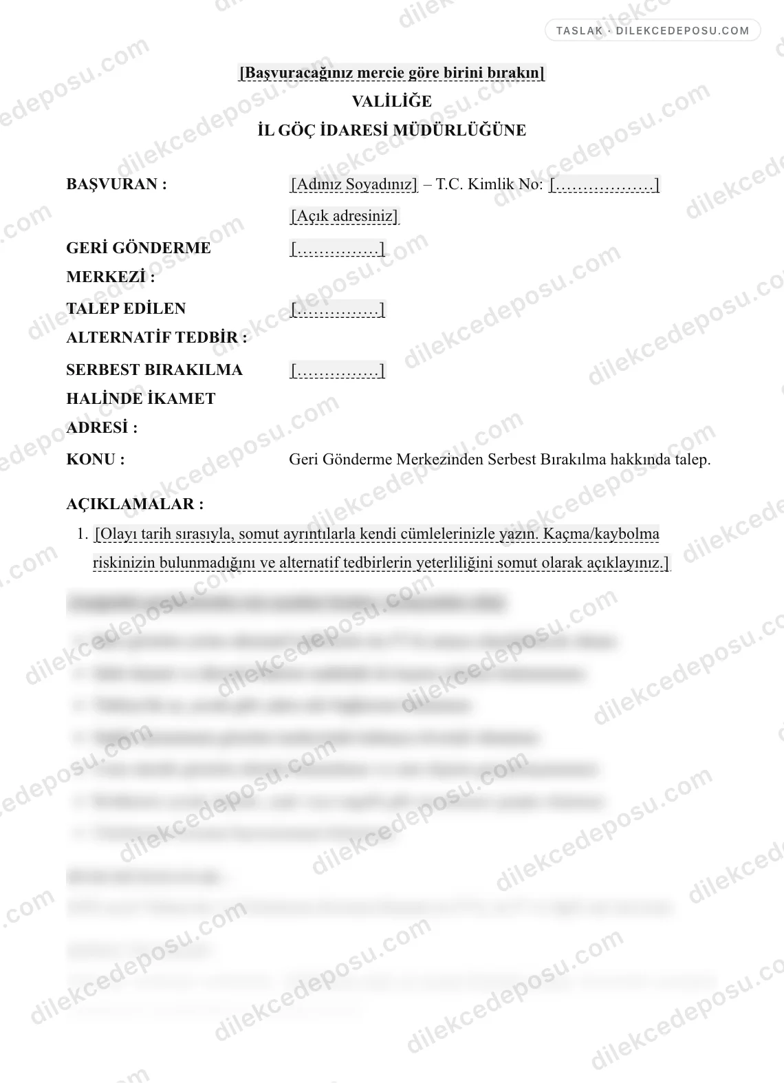 Geri Gönderme Merkezinden Serbest Bırakılma Talep Dilekçesi Örneği – taslağın ilk bölümünün önizlemesi