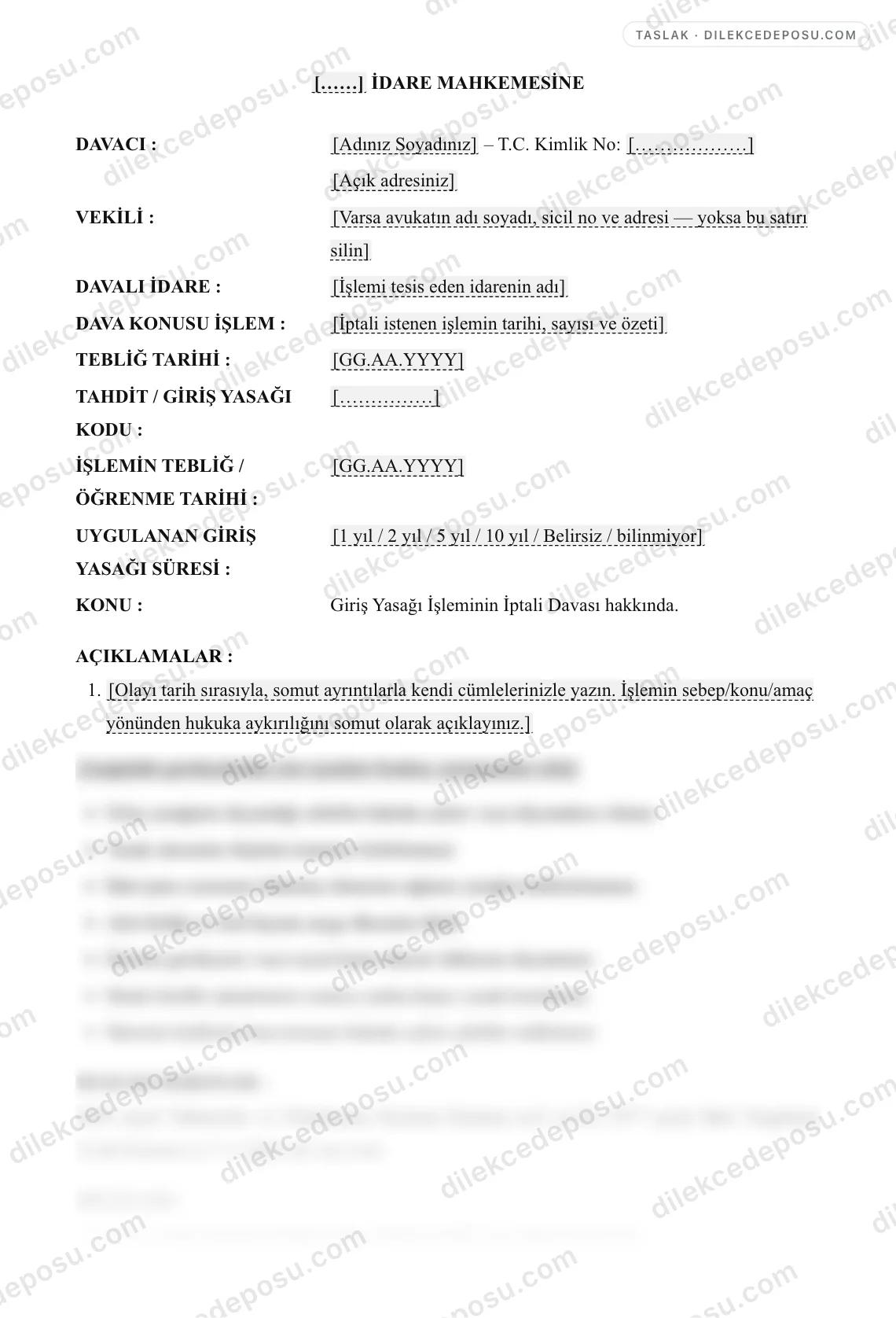 Giriş Yasağı İşleminin İptali Davası Dilekçesi Örneği – taslağın ilk bölümünün önizlemesi