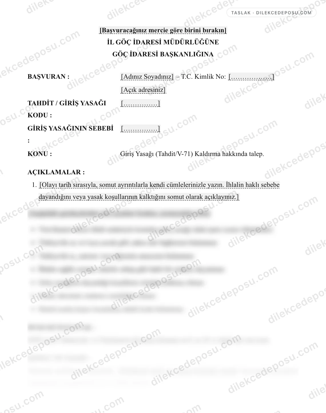 Giriş Yasağı (Tahdit/V-71) Kaldırma Talep Dilekçesi Örneği – taslağın ilk bölümünün önizlemesi