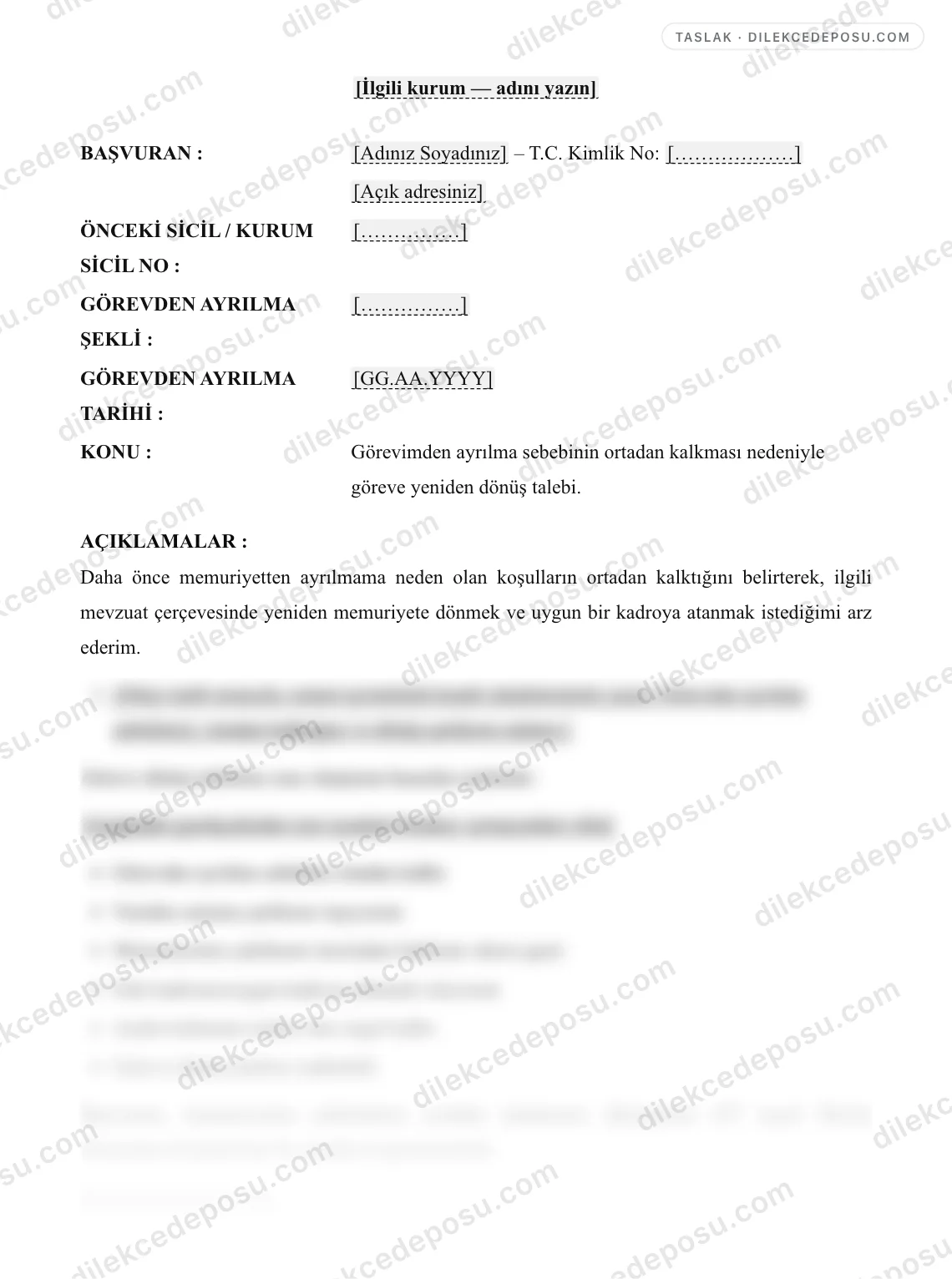 Göreve Geri Dönüş Talebi Örneği – taslağın ilk bölümünün önizlemesi