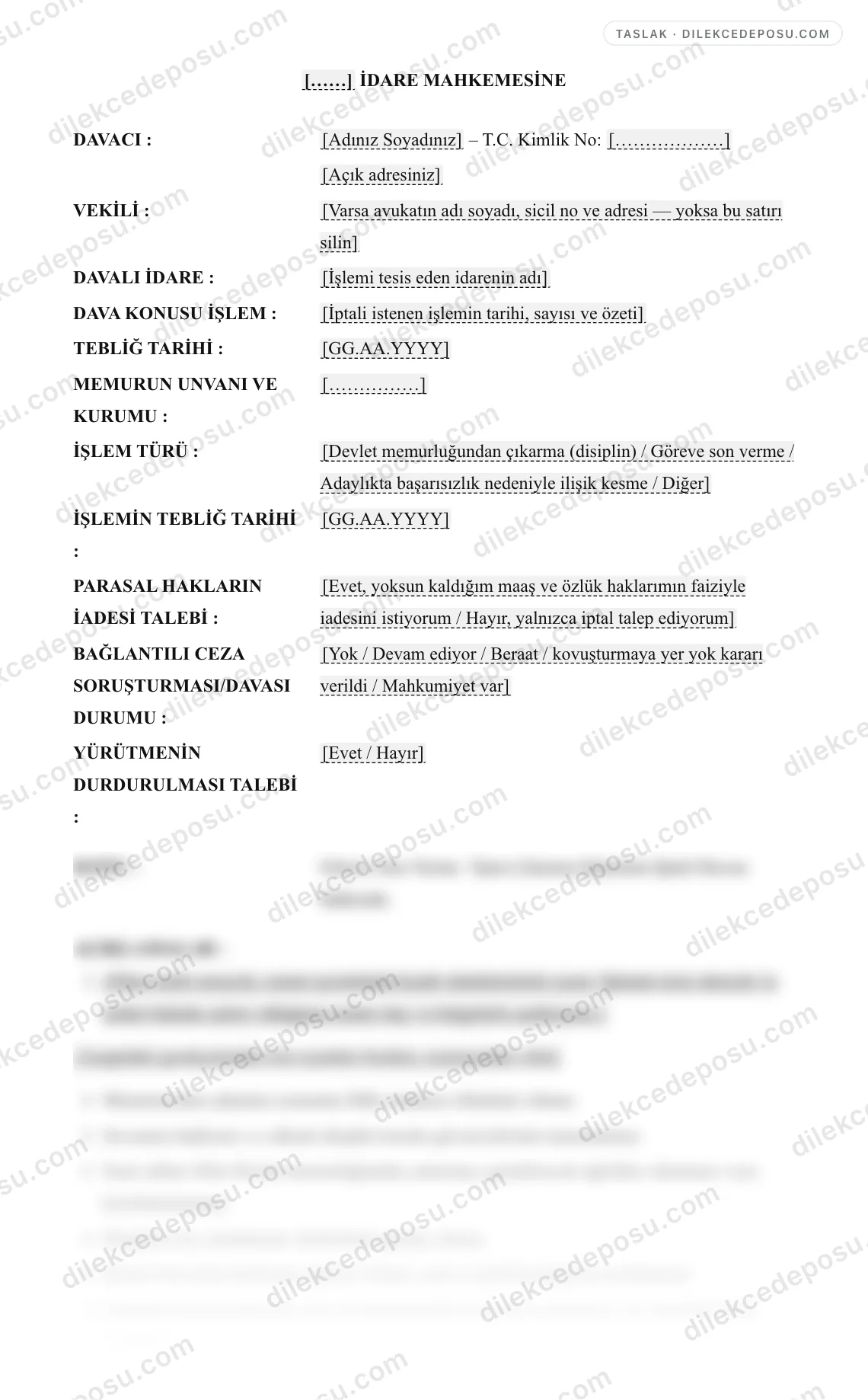 Göreve Son Verme / İşten Çıkarma İşleminin İptali Davası Dilekçesi (Memur) Örneği – taslağın ilk bölümünün önizlemesi