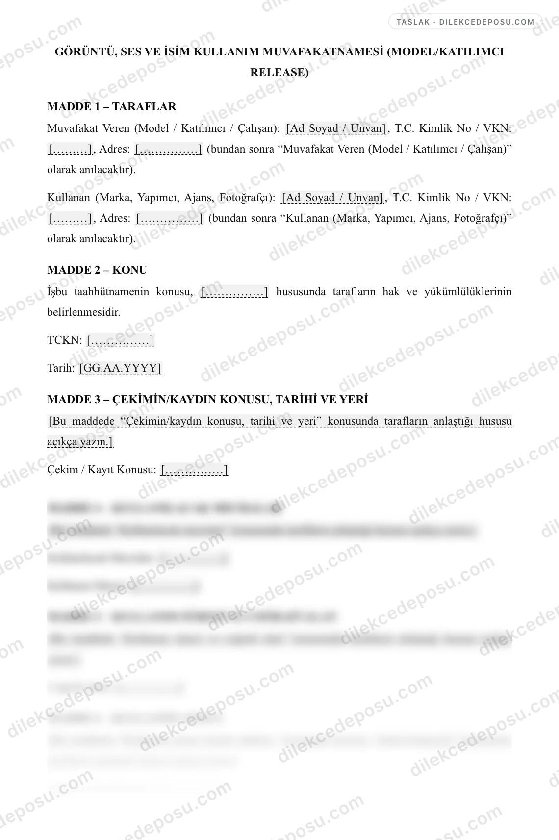 Görüntü, Ses ve İsim Kullanım Muvafakatnamesi (Model/Katılımcı Release) Örneği – taslağın ilk bölümünün önizlemesi