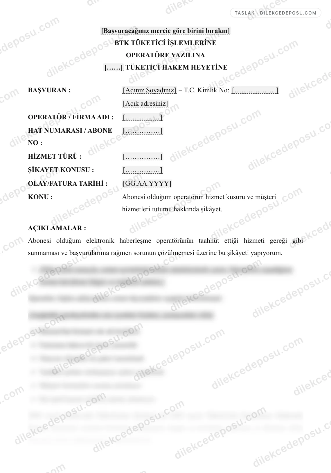 GSM/İnternet Operatörü Şikayet Dilekçesi Örneği – taslağın ilk bölümünün önizlemesi