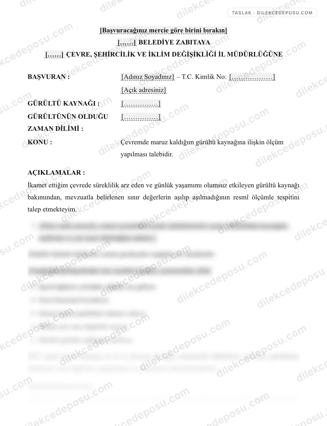 Gürültü Ölçümü Talebi Dilekçesi Örneği – taslağın ilk bölümünün önizlemesi