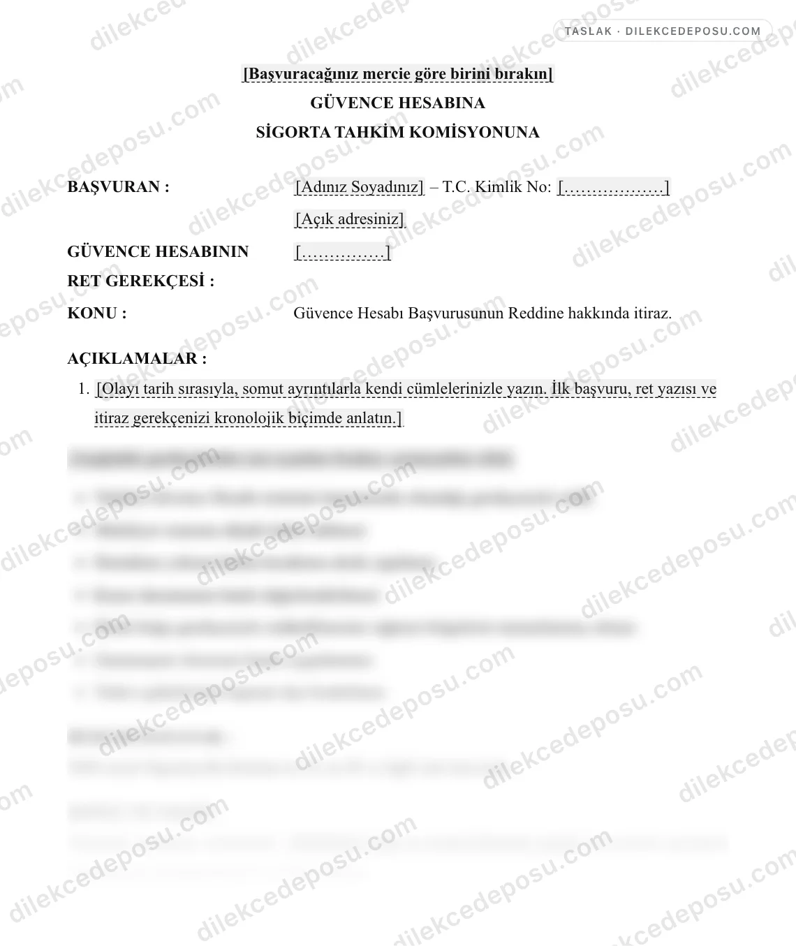Güvence Hesabı Başvurusunun Reddine İtiraz Dilekçesi Örneği – taslağın ilk bölümünün önizlemesi