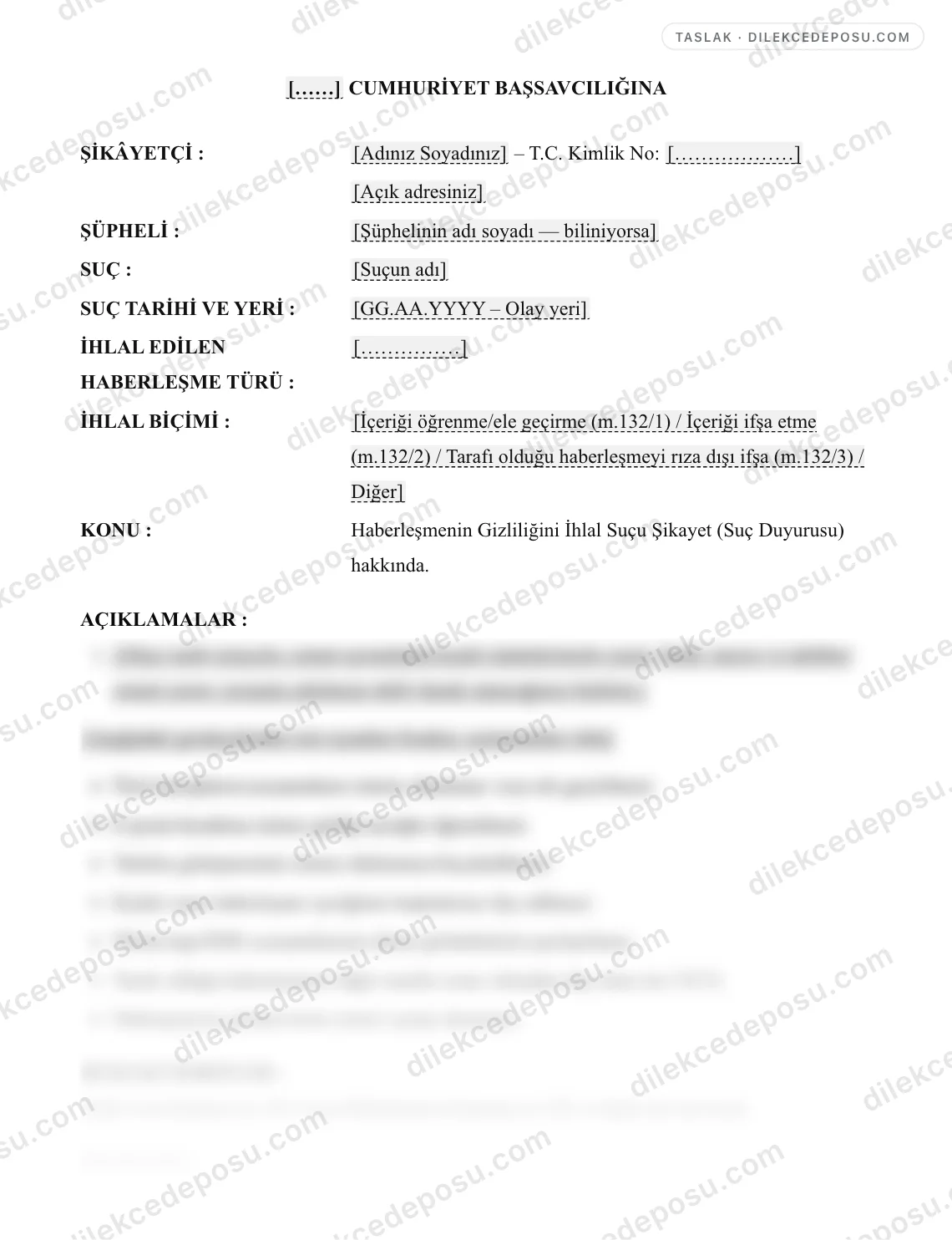Haberleşmenin Gizliliğini İhlal Suçu Şikayet (Suç Duyurusu) Dilekçesi Örneği – taslağın ilk bölümünün önizlemesi